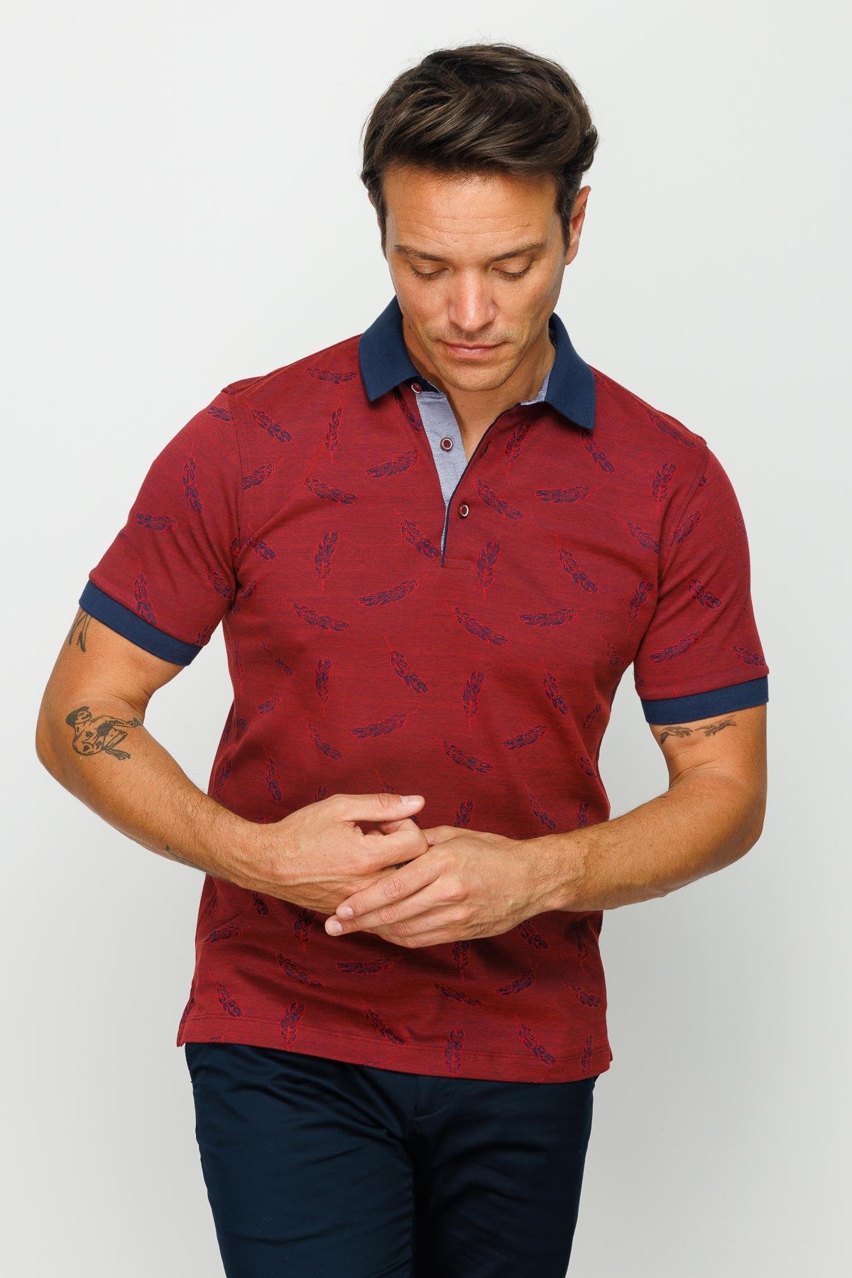 825Erkek Polo Yaka Tüy Desenli T-shirt Bordo