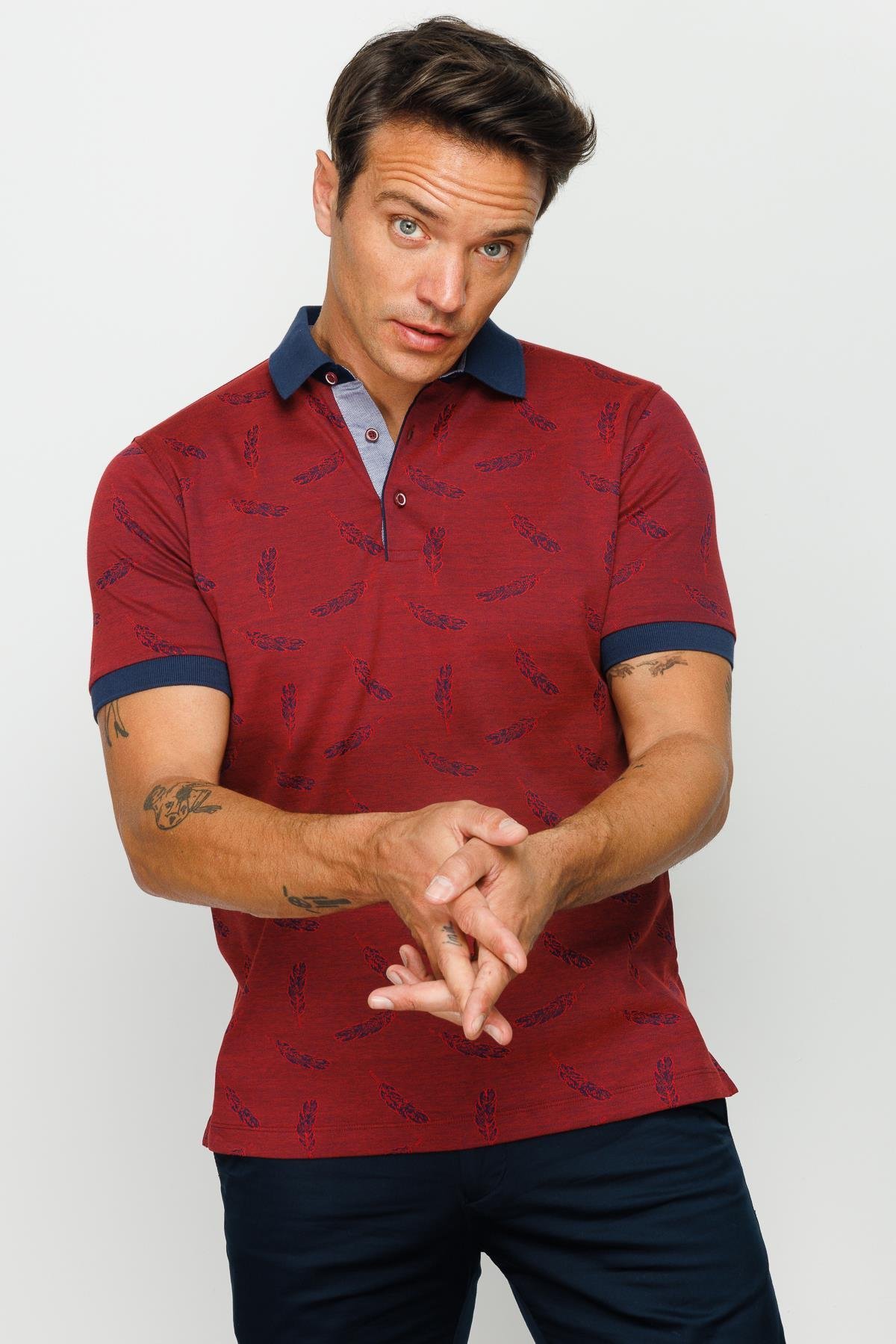 825Erkek Polo Yaka Tüy Desenli T-shirt Bordo