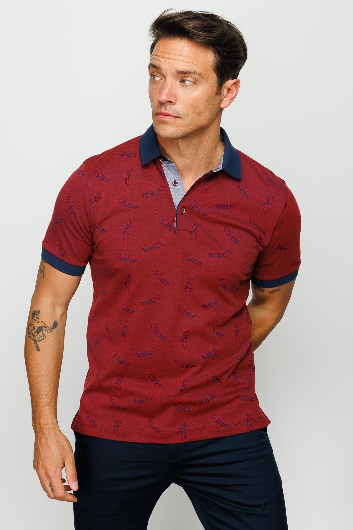 825Erkek Polo Yaka Tüy Desenli T-shirt Bordo
