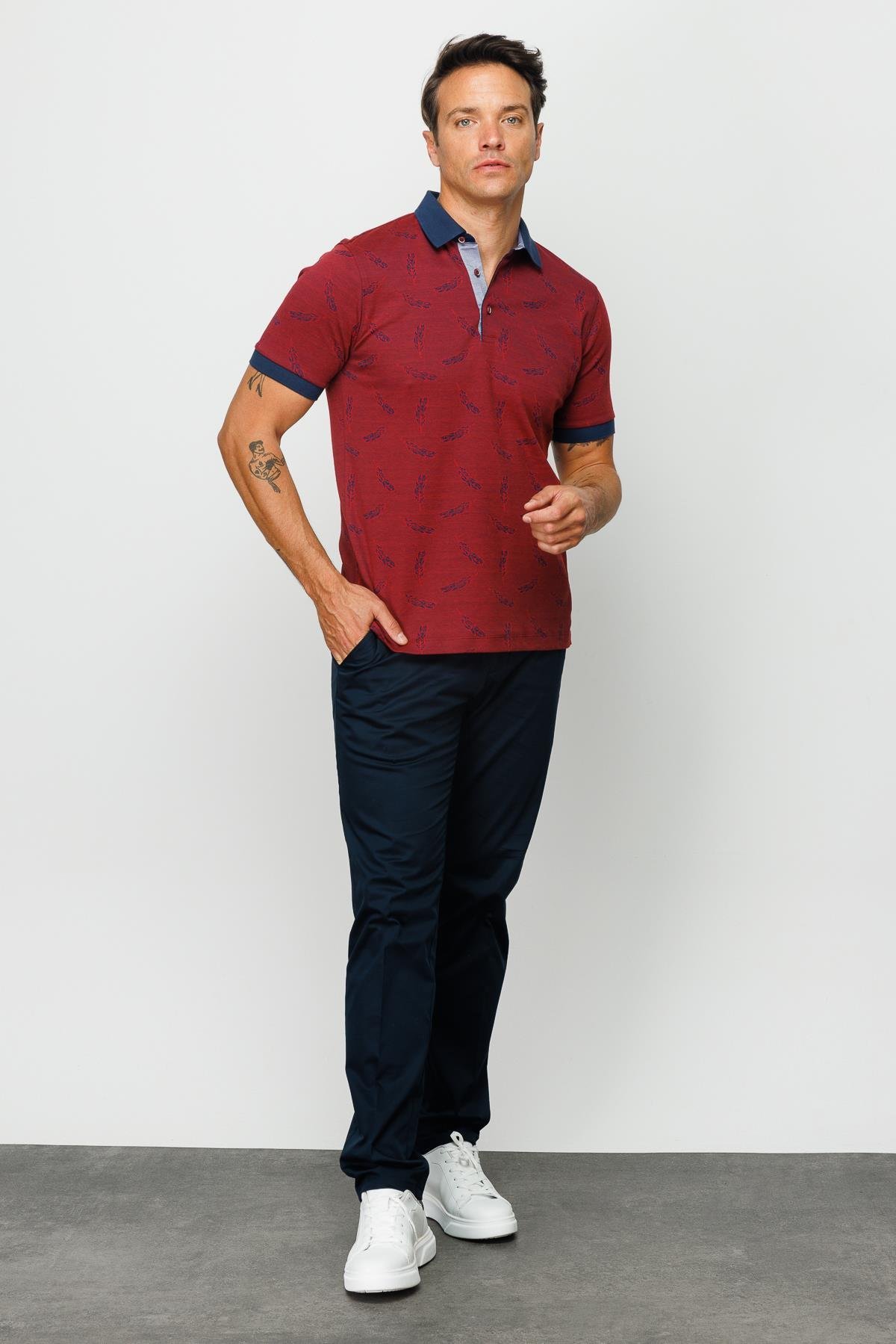 825Erkek Polo Yaka Tüy Desenli T-shirt Bordo