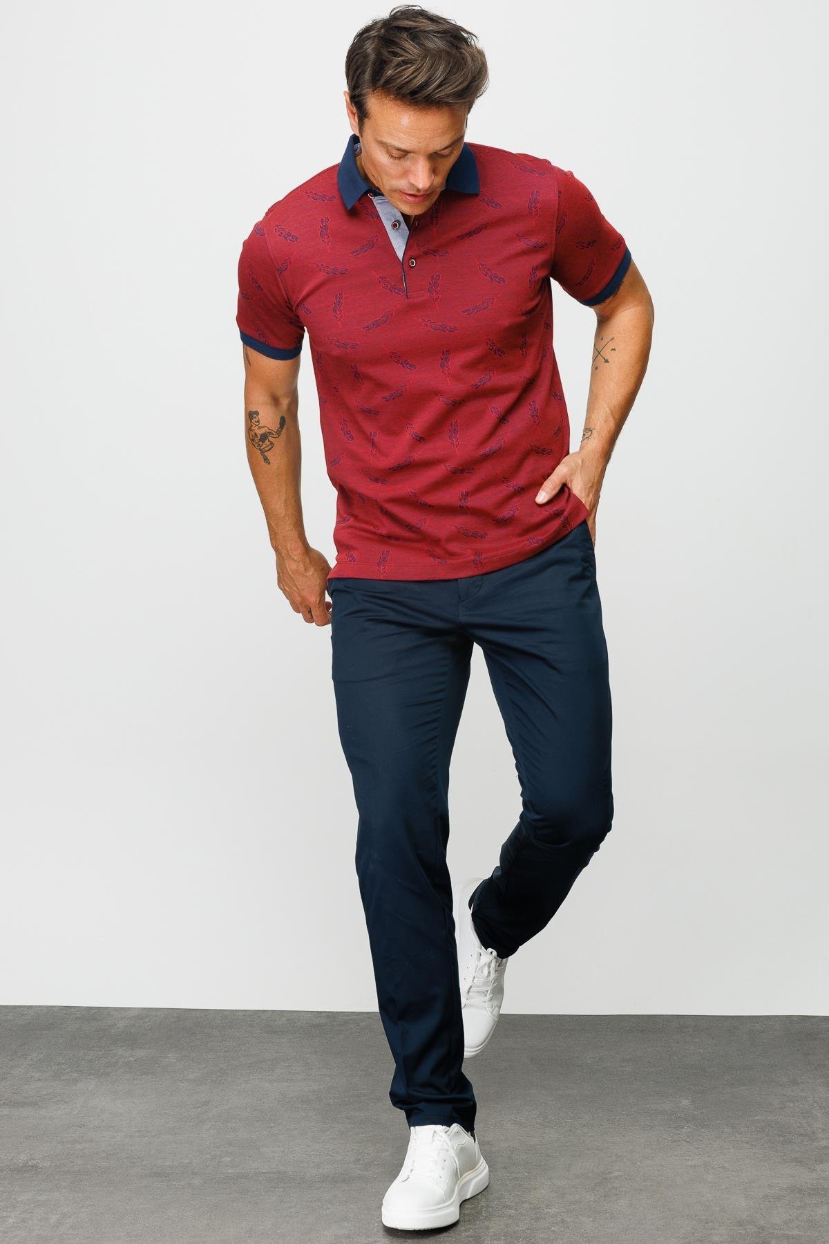 825Erkek Polo Yaka Tüy Desenli T-shirt Bordo