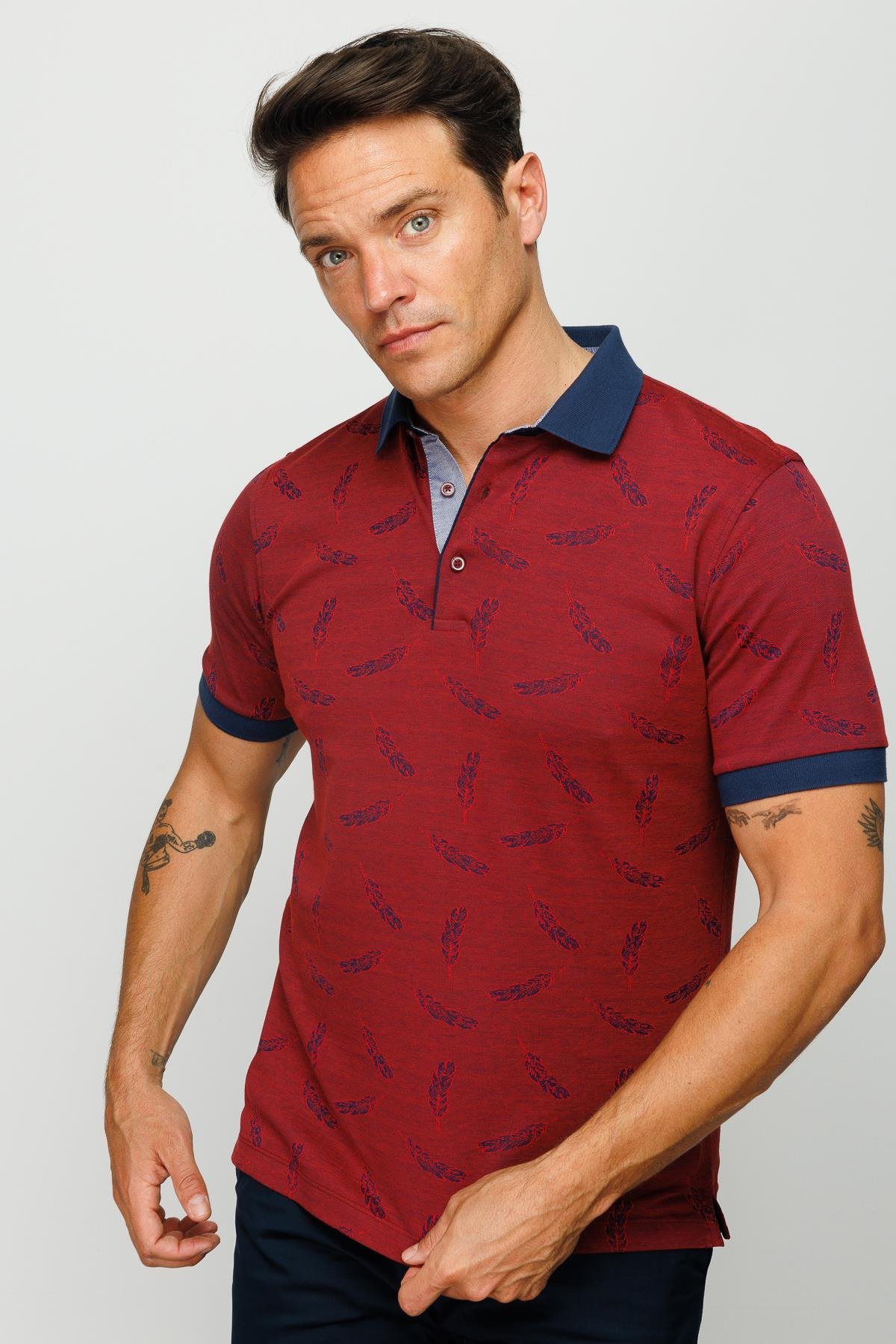 825Erkek Polo Yaka Tüy Desenli T-shirt Bordo