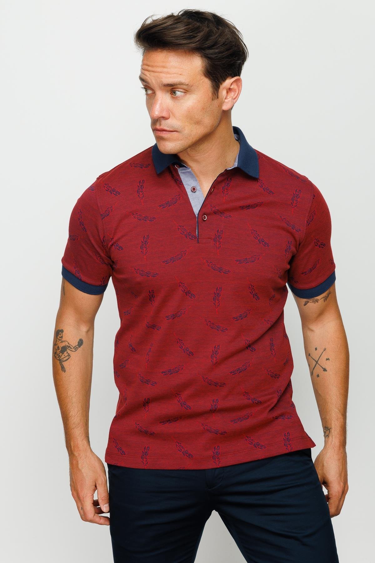 825Erkek Polo Yaka Tüy Desenli T-shirt Bordo
