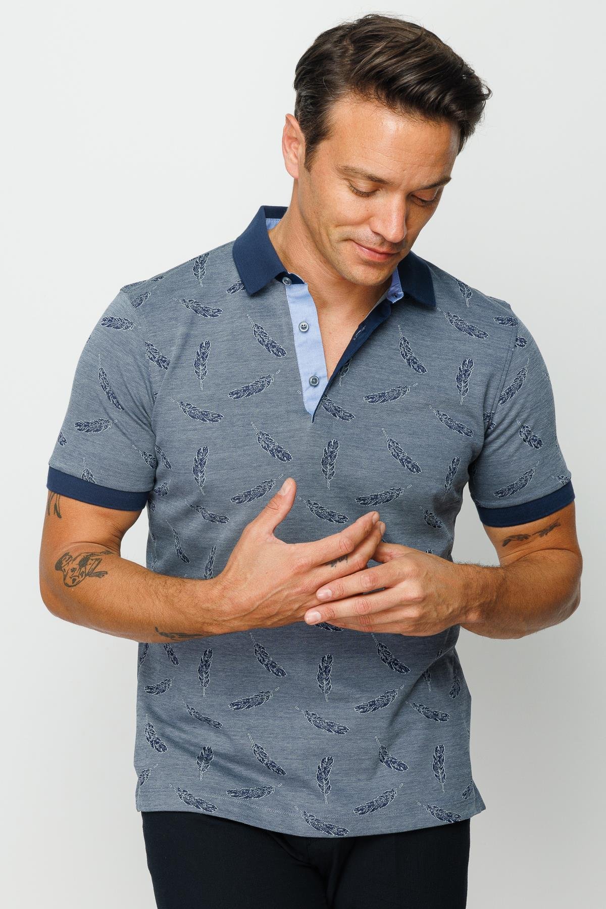 825Erkek Polo Yaka Tüy Desenli T-shirt Füme