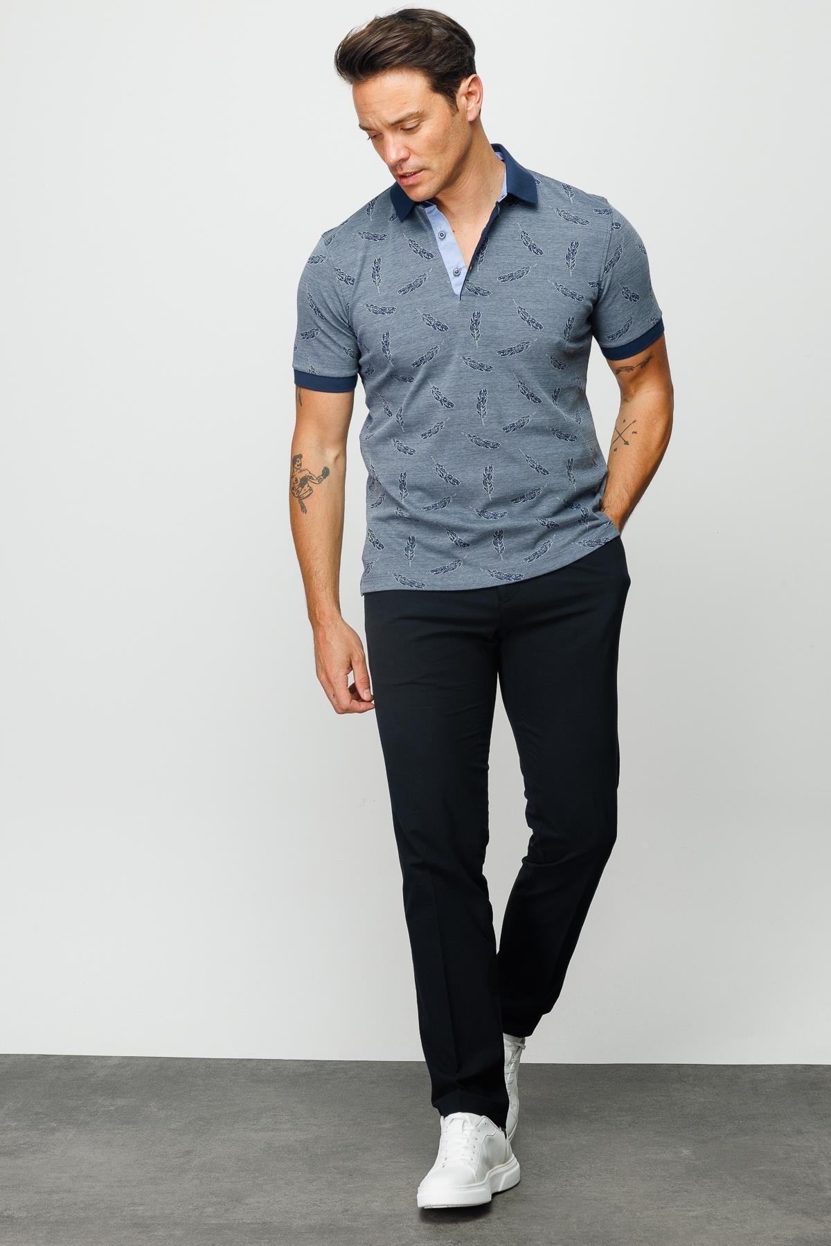 825Erkek Polo Yaka Tüy Desenli T-shirt Füme