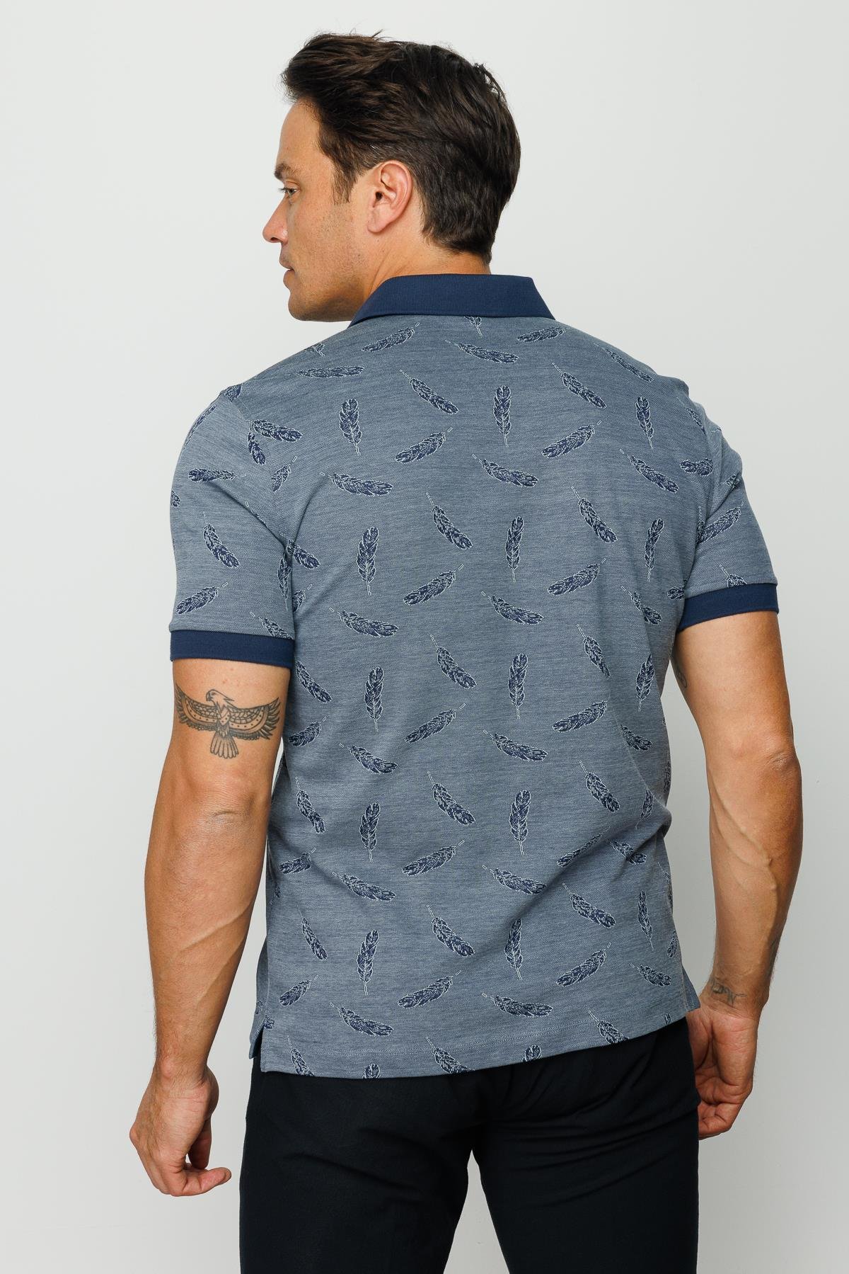 825Erkek Polo Yaka Tüy Desenli T-shirt Füme