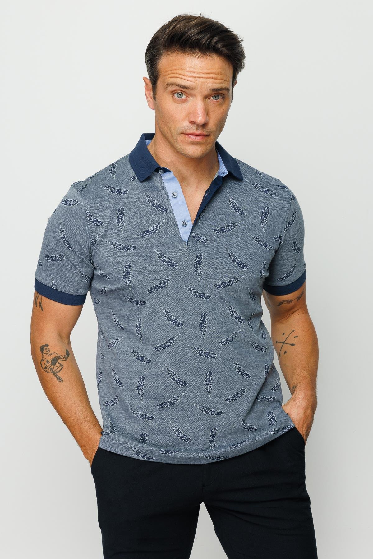 825Erkek Polo Yaka Tüy Desenli T-shirt Füme