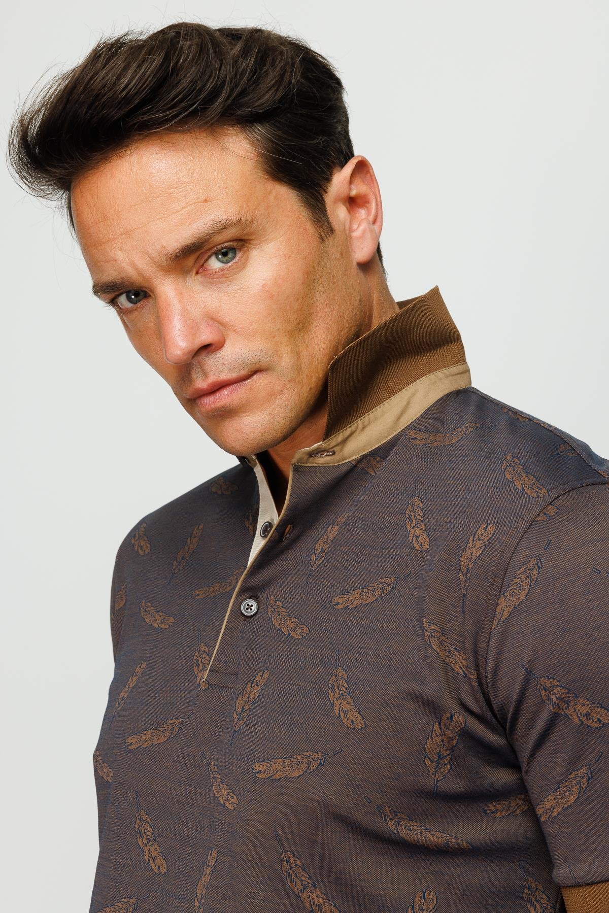 825Erkek Polo Yaka Tüy Desenli T-shirt Kahve