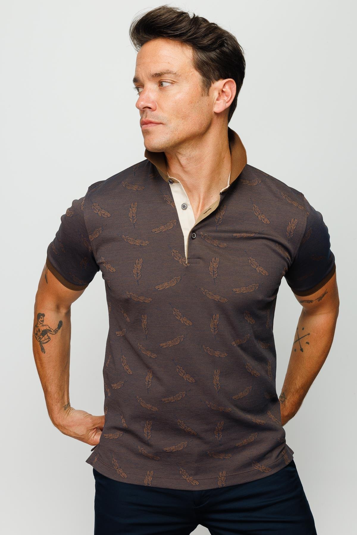 825Erkek Polo Yaka Tüy Desenli T-shirt Kahve