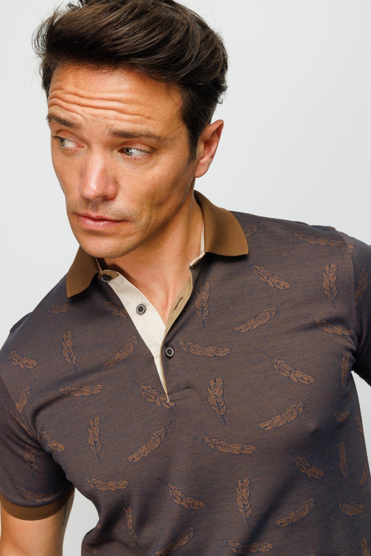 825Erkek Polo Yaka Tüy Desenli T-shirt Kahve