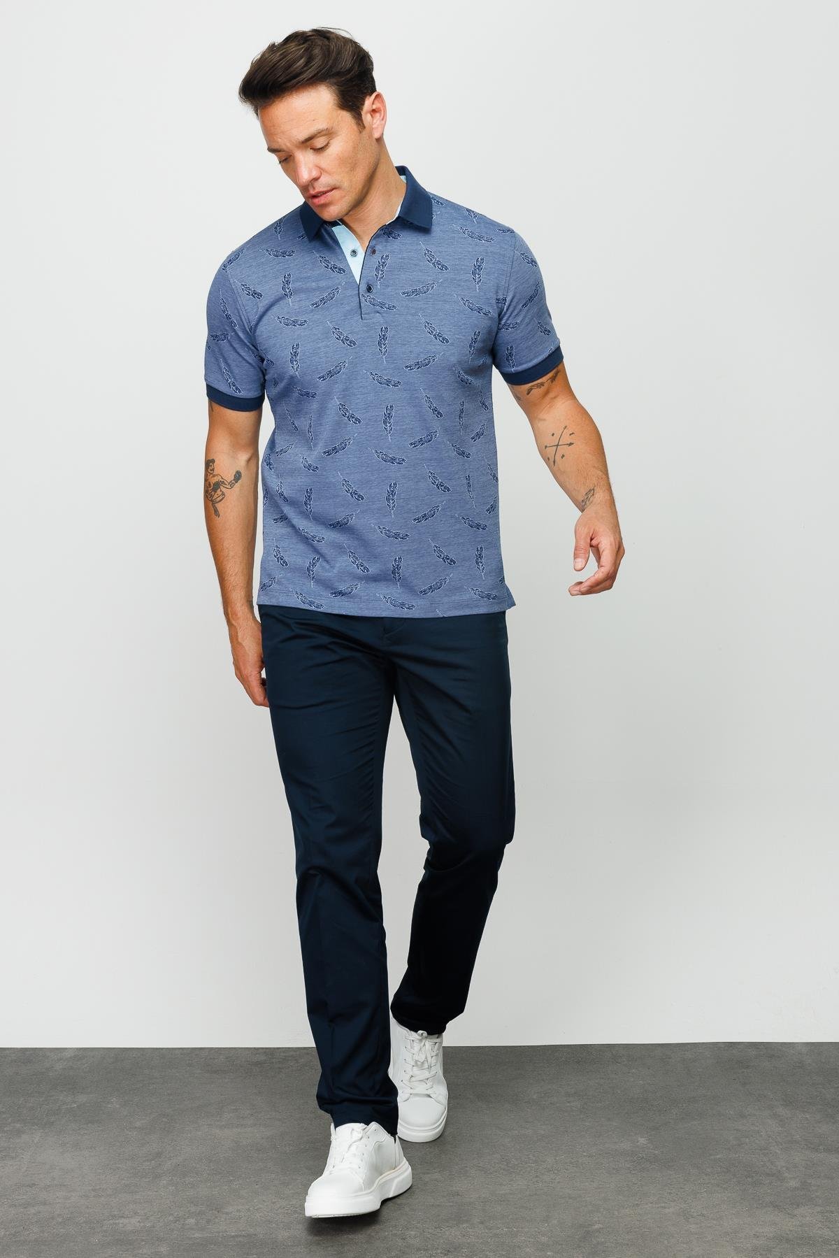 825Erkek Polo Yaka Tüy Desenli T-shirt Lacivert