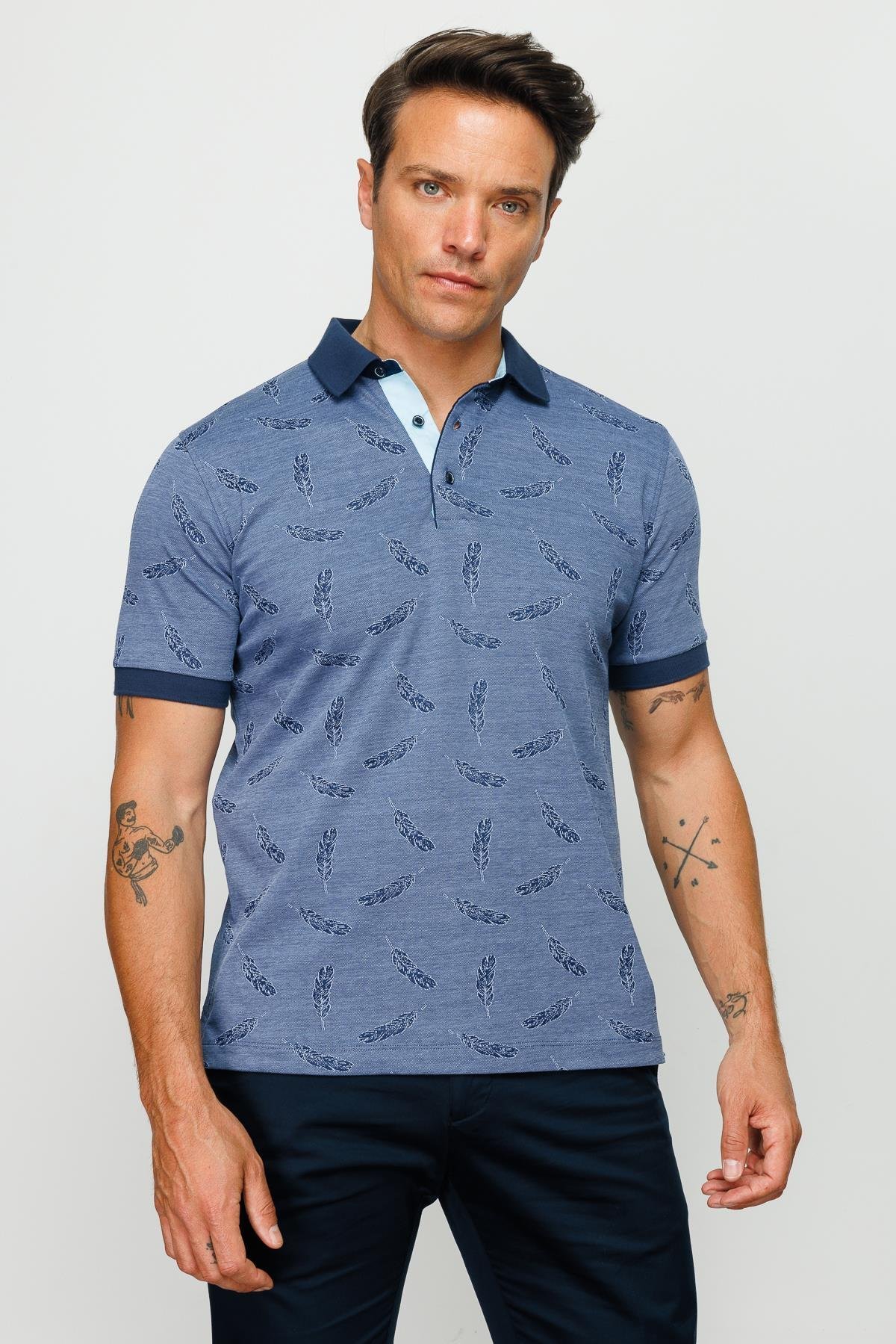 825Erkek Polo Yaka Tüy Desenli T-shirt Lacivert