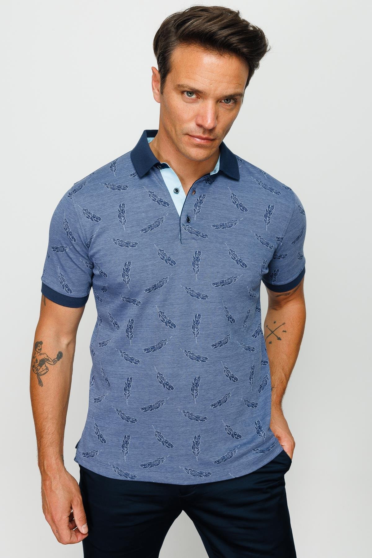 825Erkek Polo Yaka Tüy Desenli T-shirt Lacivert