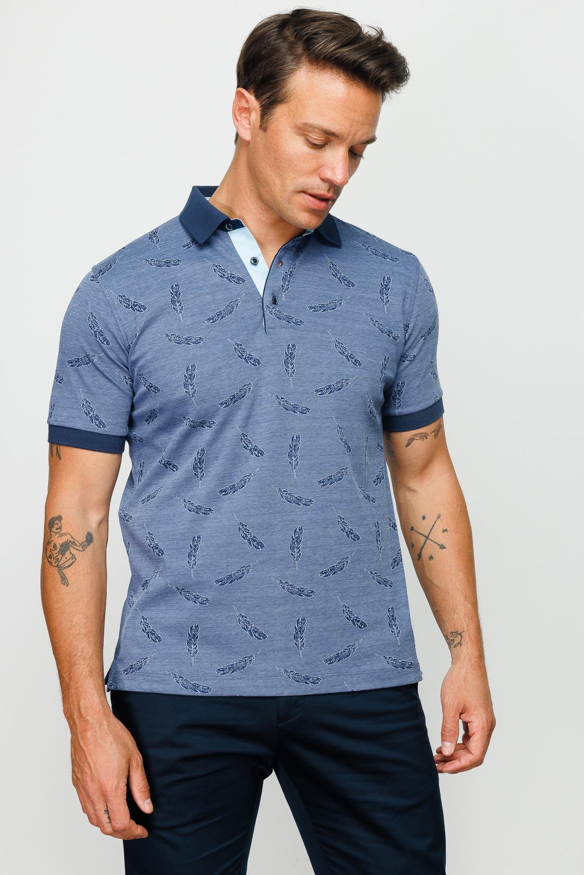 825Erkek Polo Yaka Tüy Desenli T-shirt Lacivert