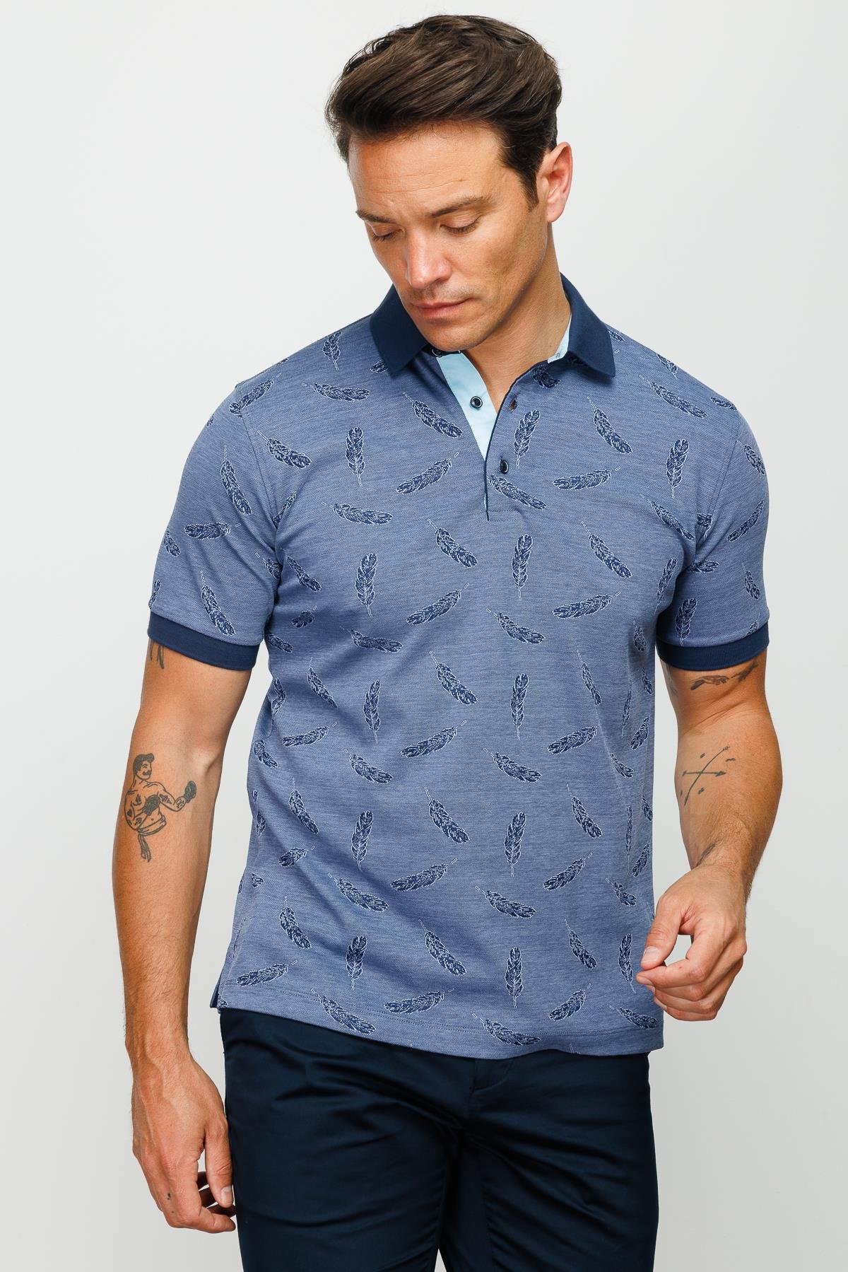 825Erkek Polo Yaka Tüy Desenli T-shirt Lacivert