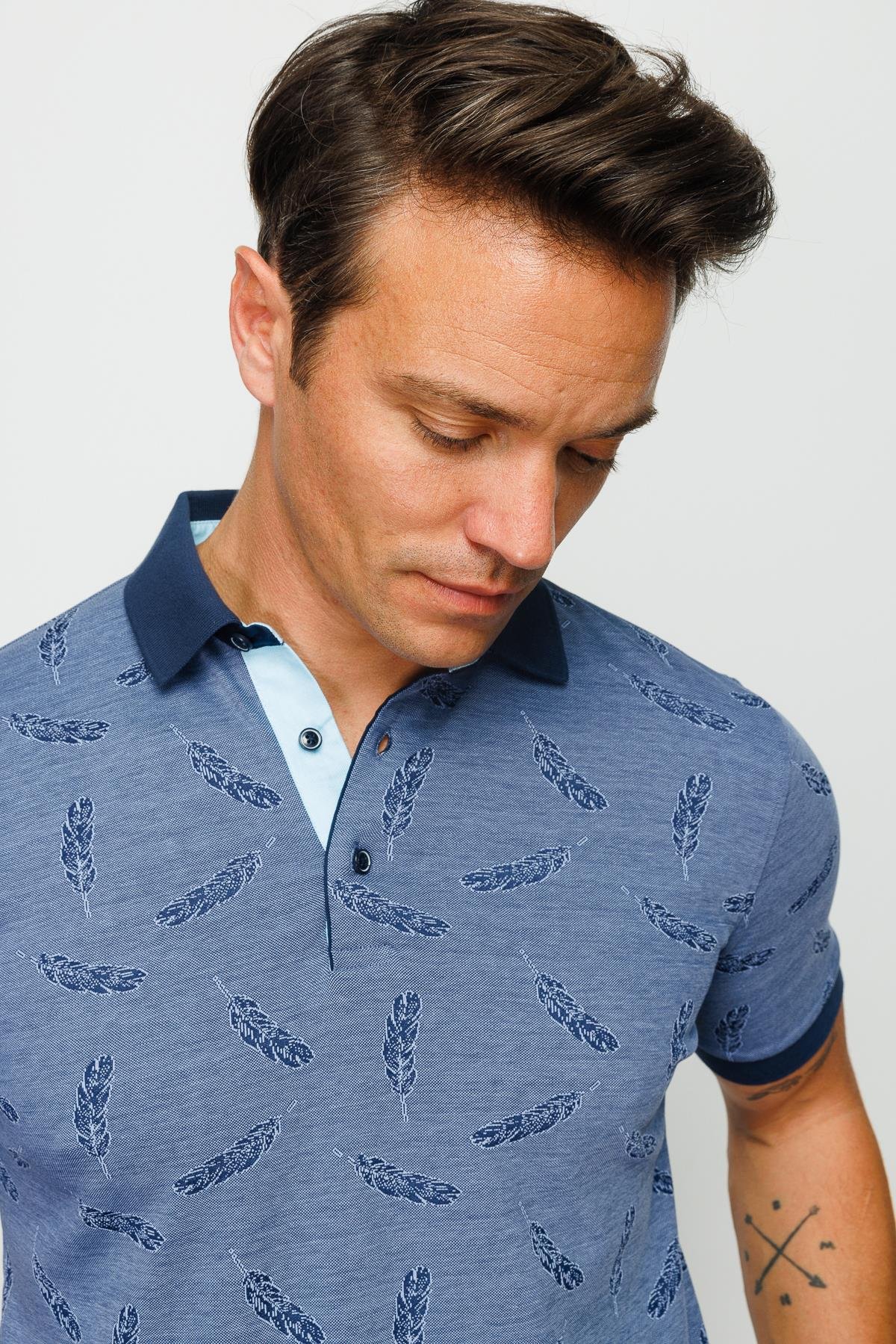 825Erkek Polo Yaka Tüy Desenli T-shirt Lacivert