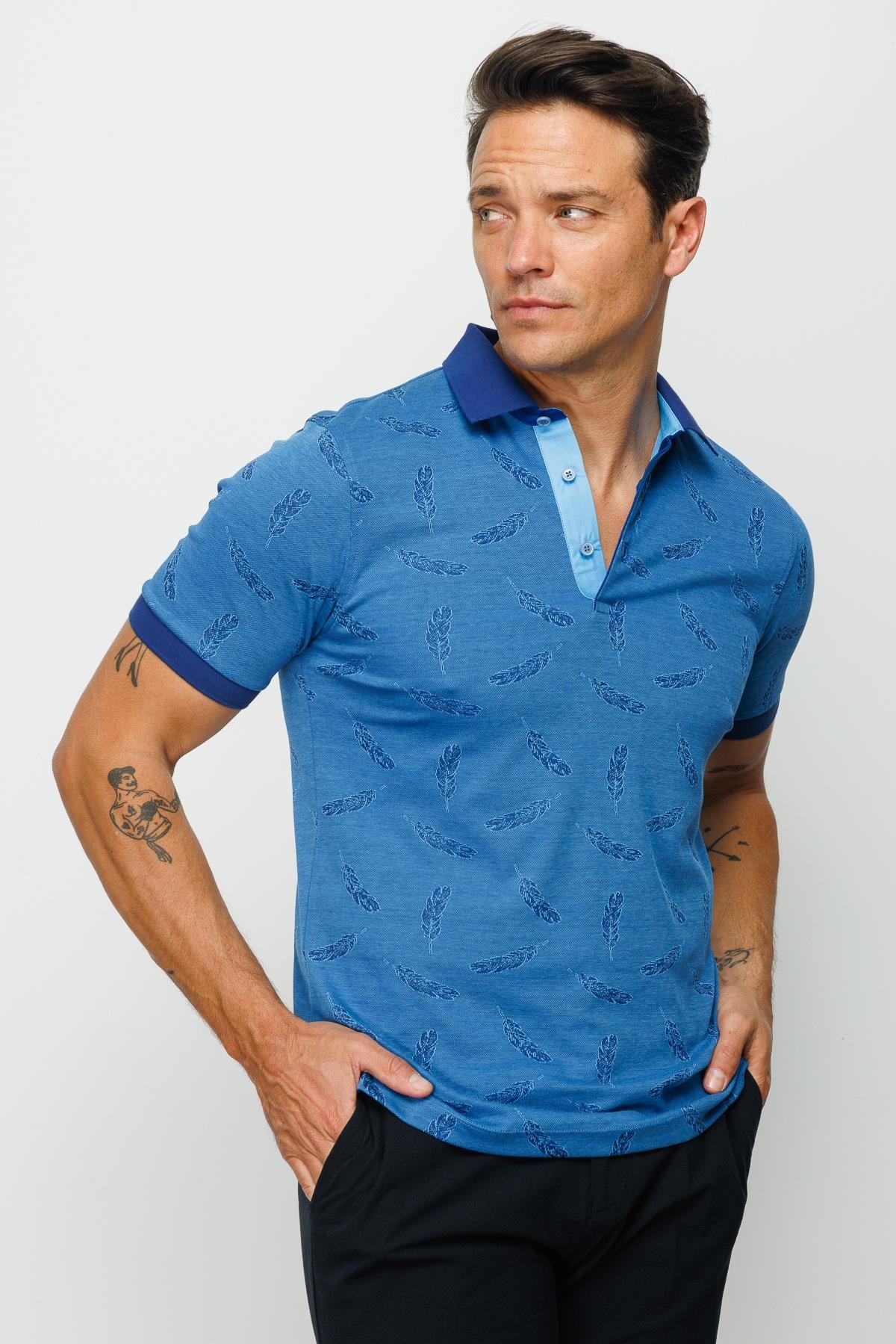 825Erkek Polo Yaka Tüy Desenli T-shirt Saks