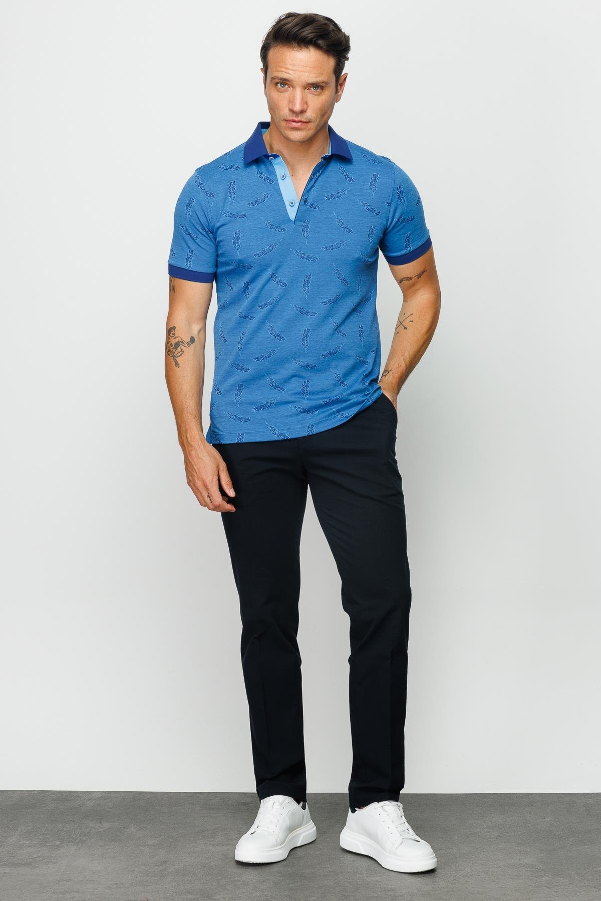 825Erkek Polo Yaka Tüy Desenli T-shirt Saks