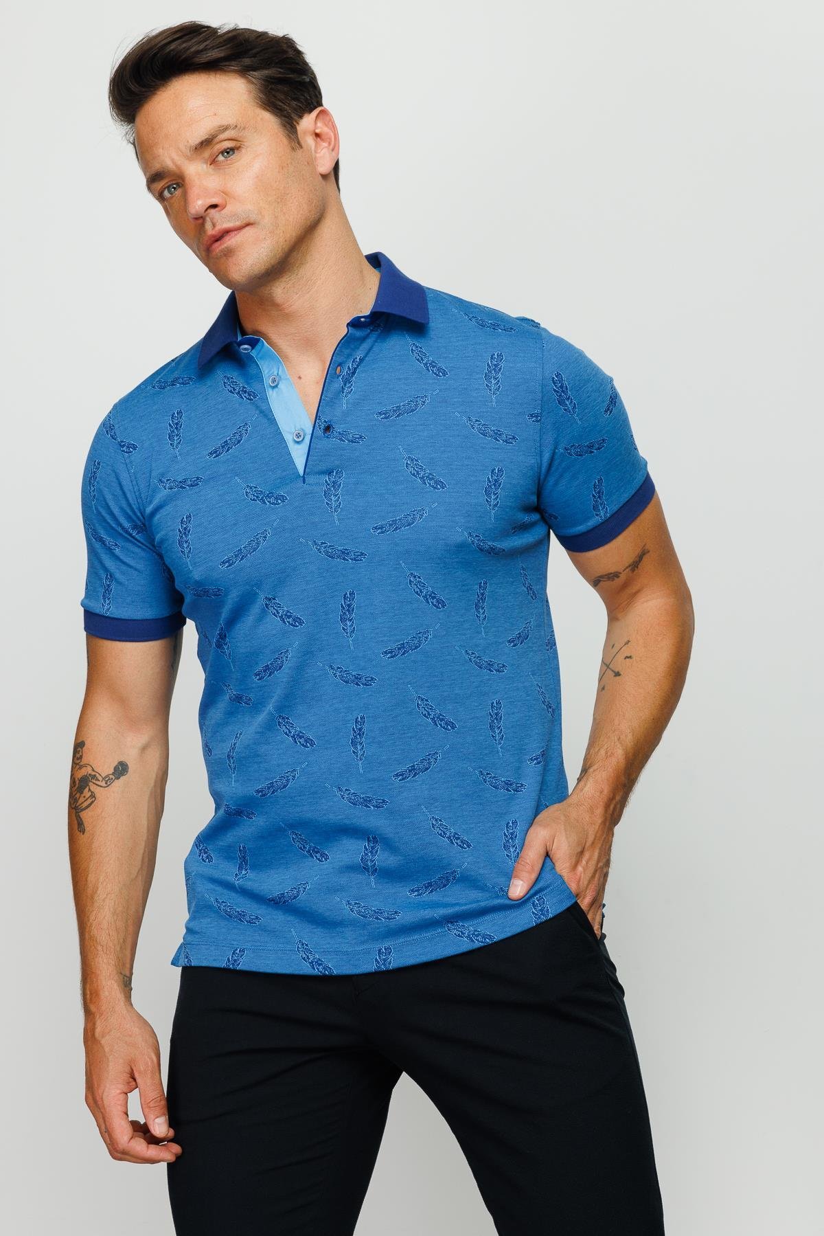 825Erkek Polo Yaka Tüy Desenli T-shirt Saks