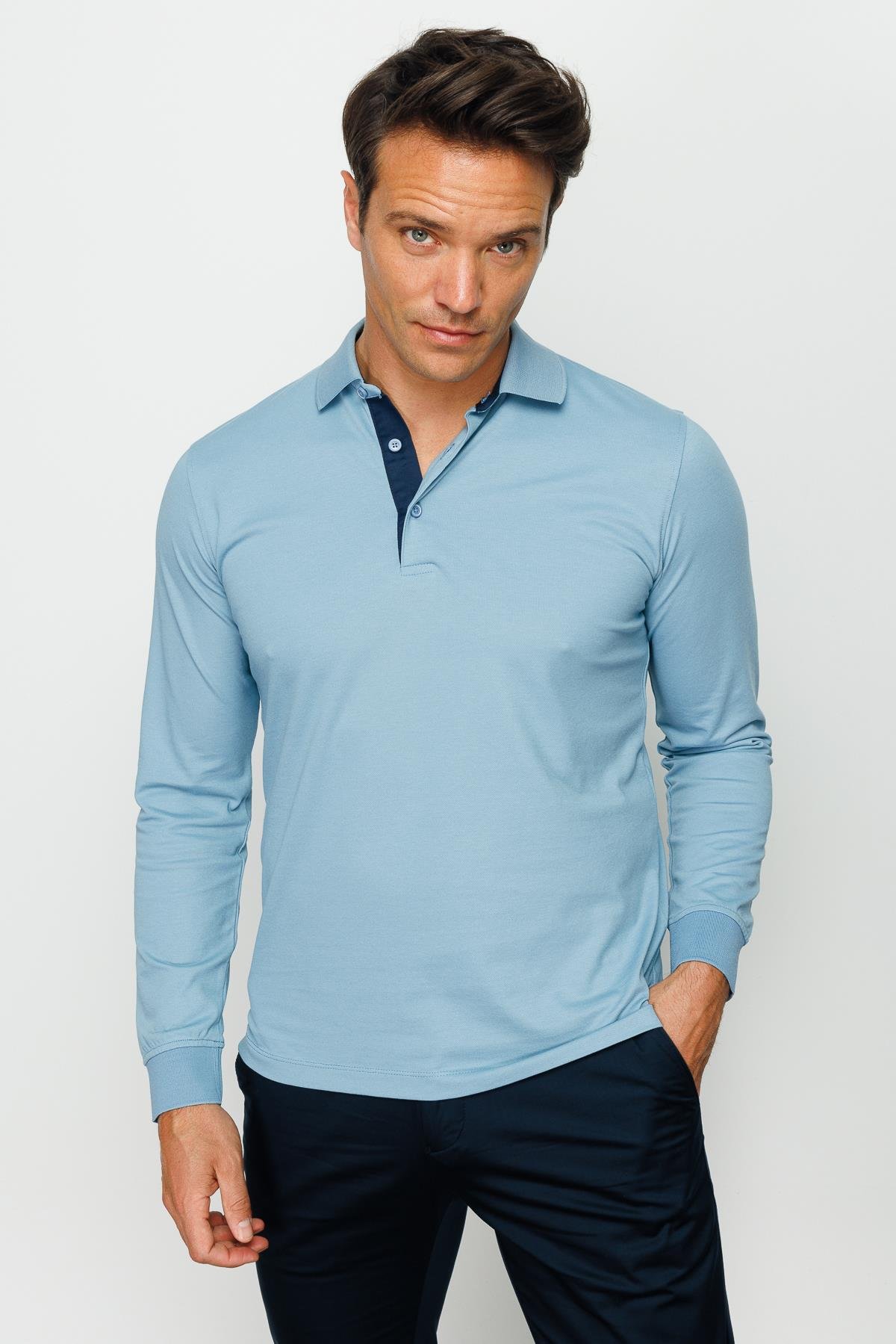 960Erkek Polo Yaka Uzun Kollu Sweatshirt H.Mavi