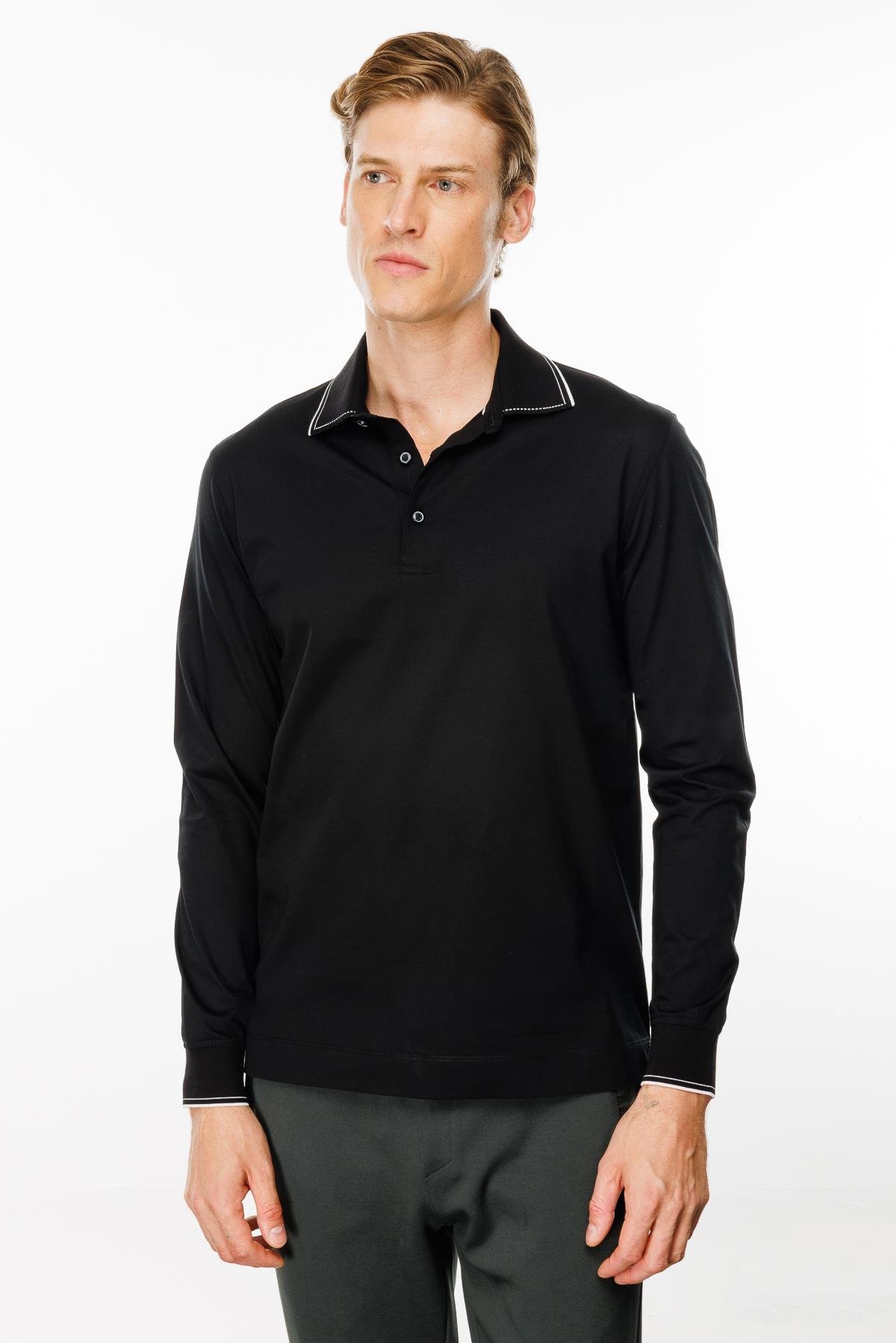 MTA 13Erkek Polo Yaka Uzun Kollu Sweatshirt Siyah