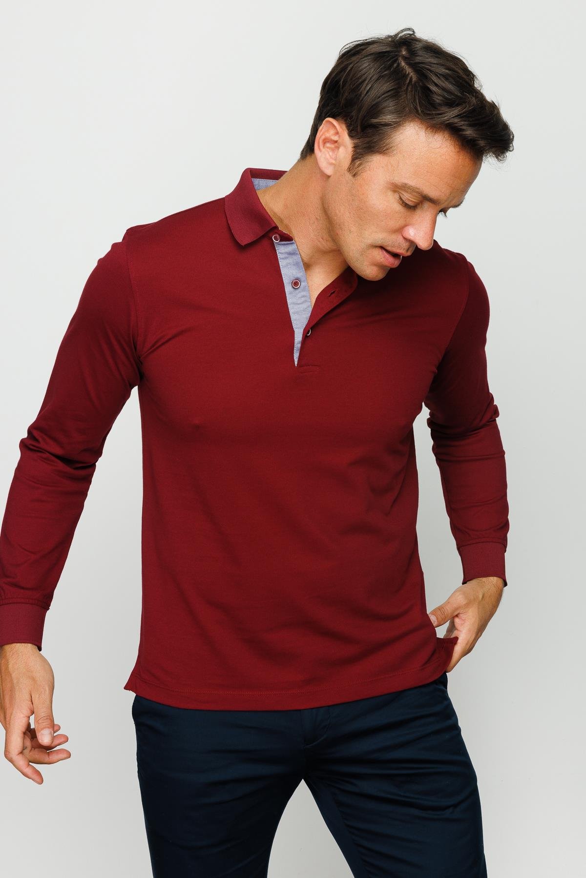 960Erkek Polo Yaka Uzun Kollu Sweatshirt Bordo