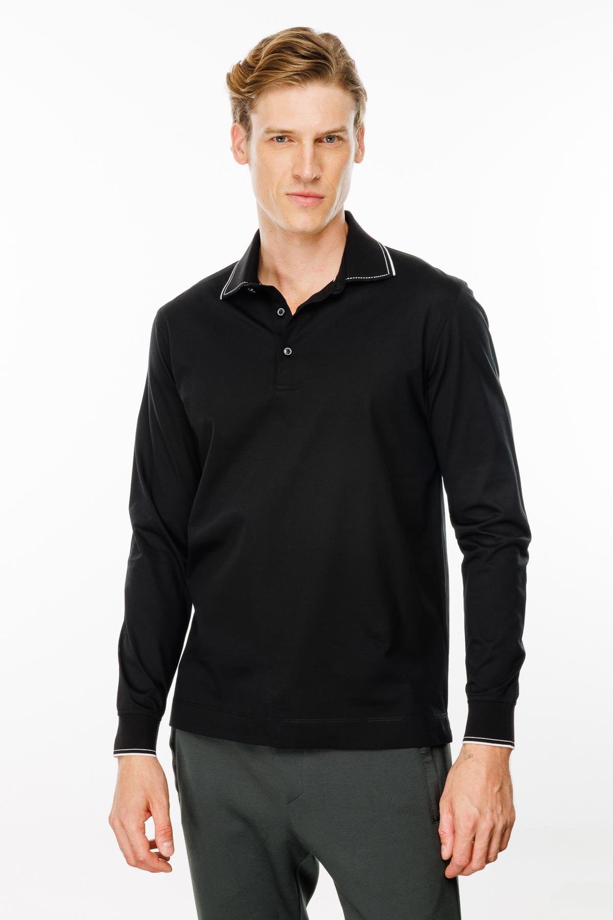 MTA 13Erkek Polo Yaka Uzun Kollu Sweatshirt Siyah