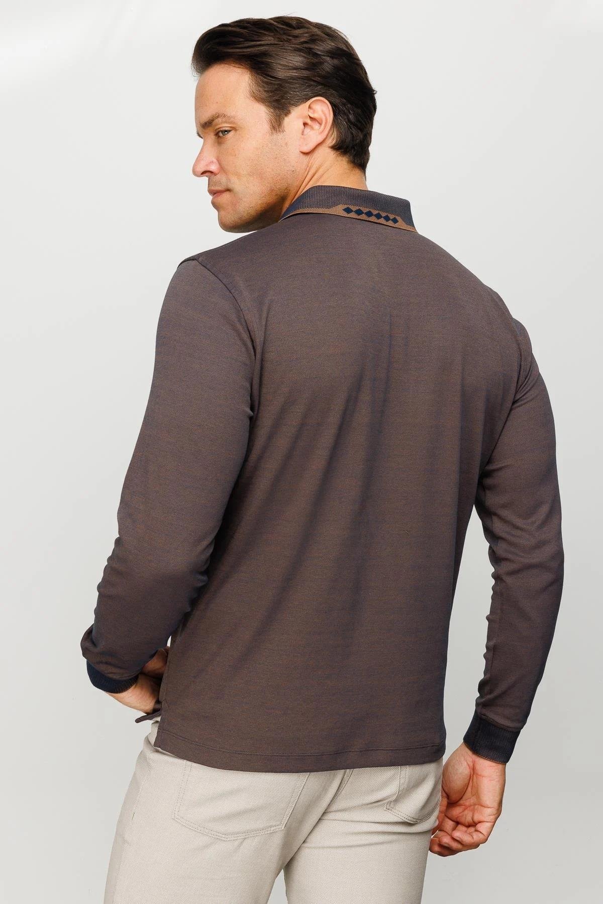 701Erkek Polo Yaka Uzun Kollu Sweatshirt Kahve