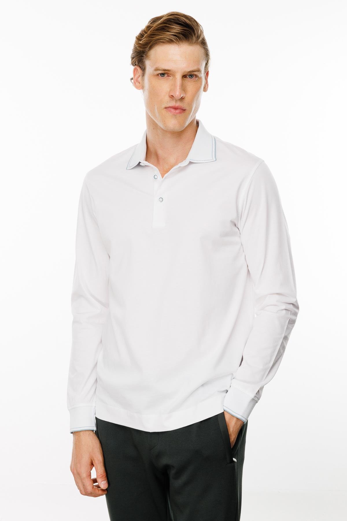 MTA 13Erkek Polo Yaka Uzun Kollu Sweatshirt Beyaz