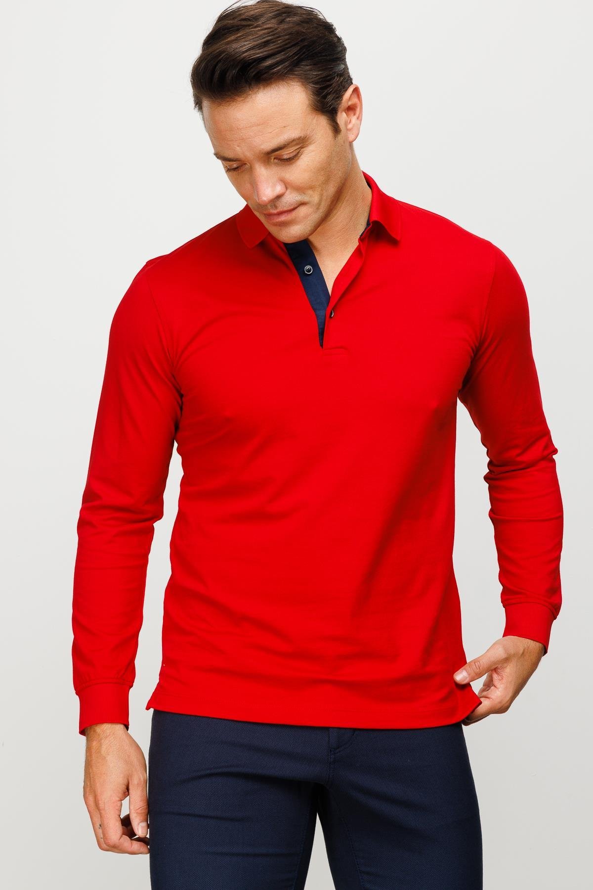 960Erkek Polo Yaka Uzun Kollu Sweatshirt Kırmızı