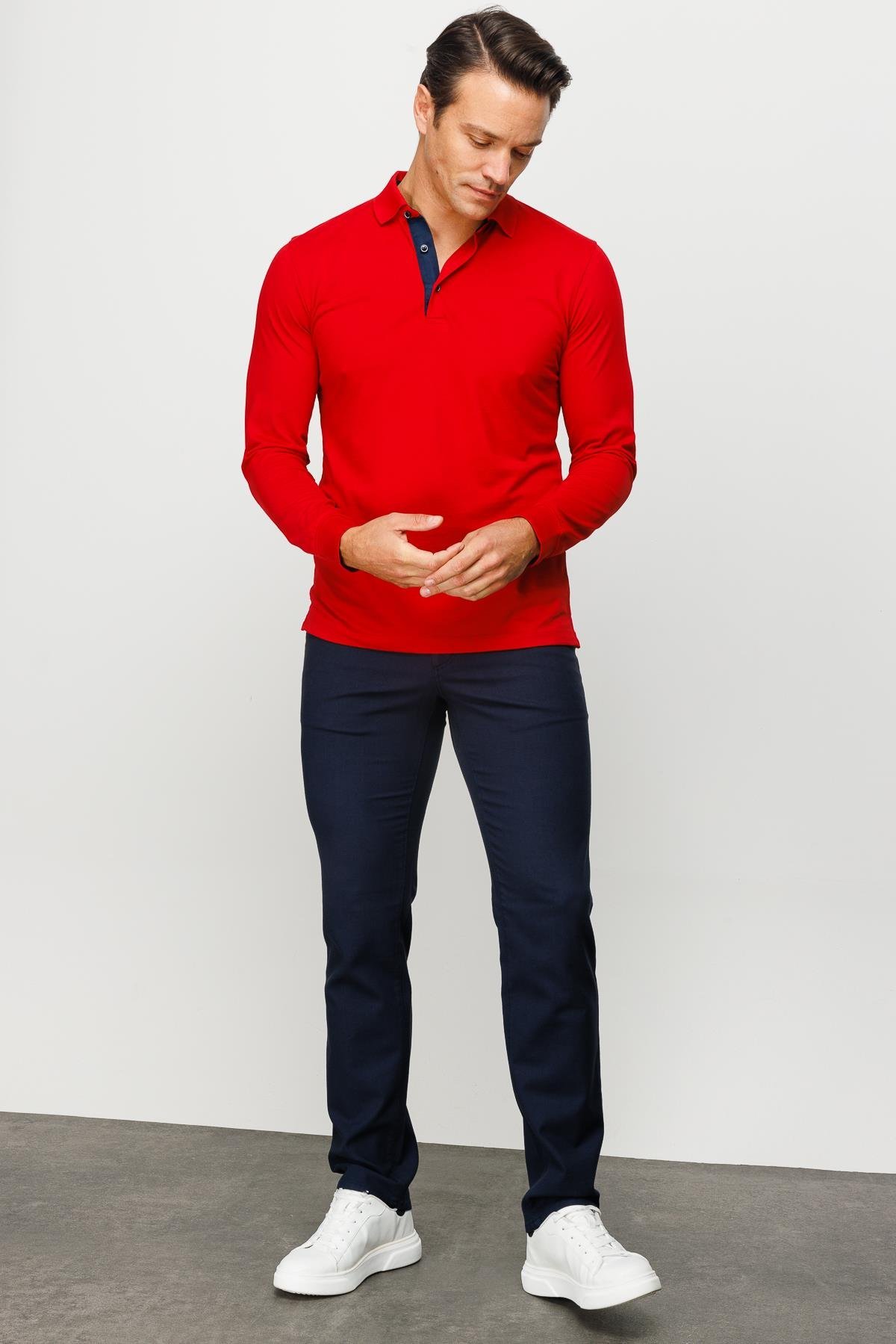 960Erkek Polo Yaka Uzun Kollu Sweatshirt Kırmızı