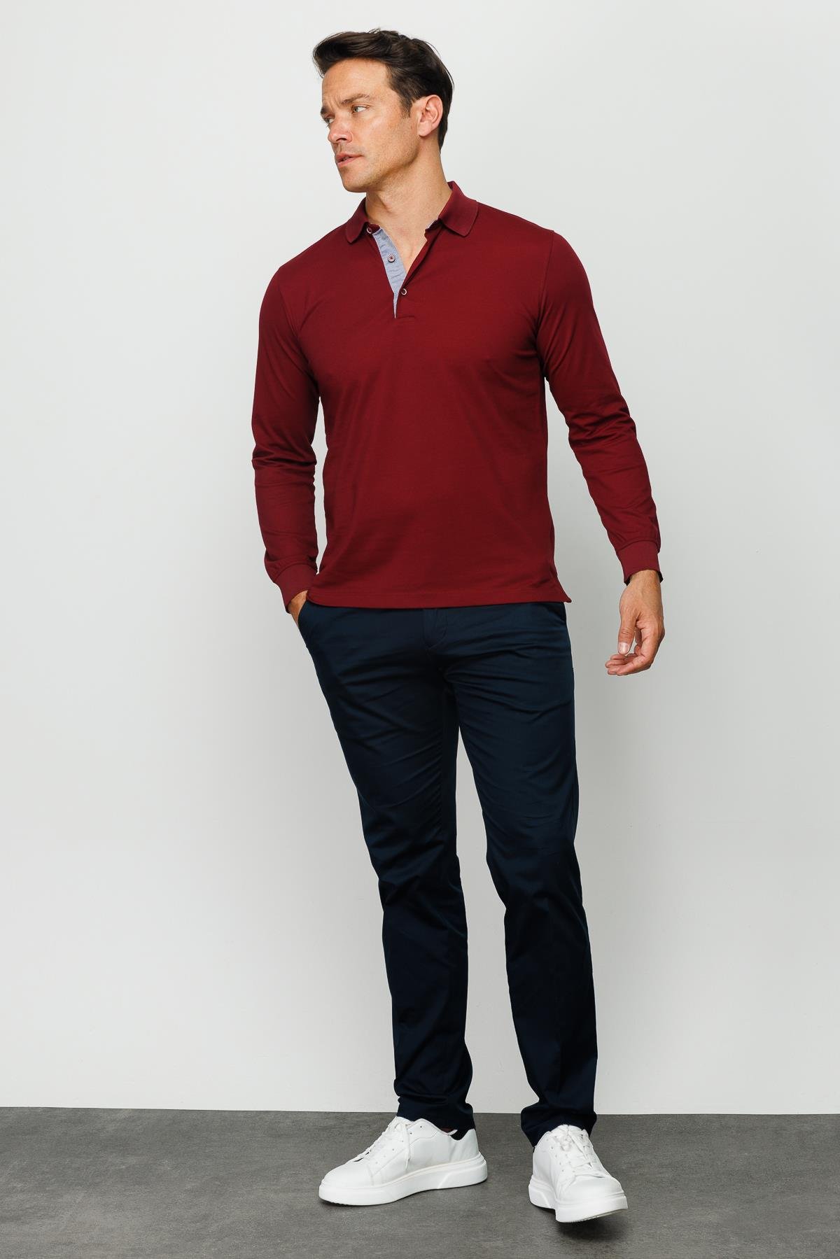 960Erkek Polo Yaka Uzun Kollu Sweatshirt Bordo