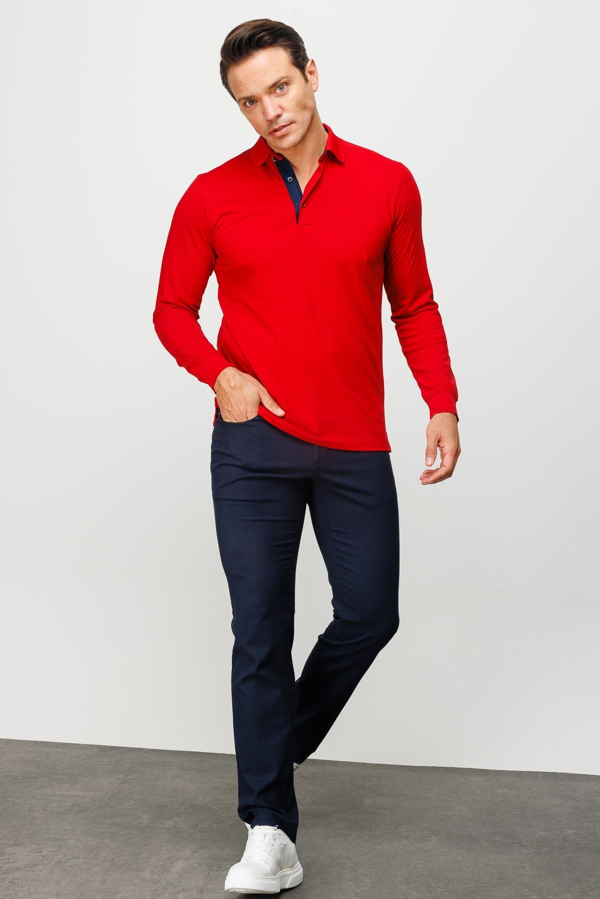 960Erkek Polo Yaka Uzun Kollu Sweatshirt Kırmızı