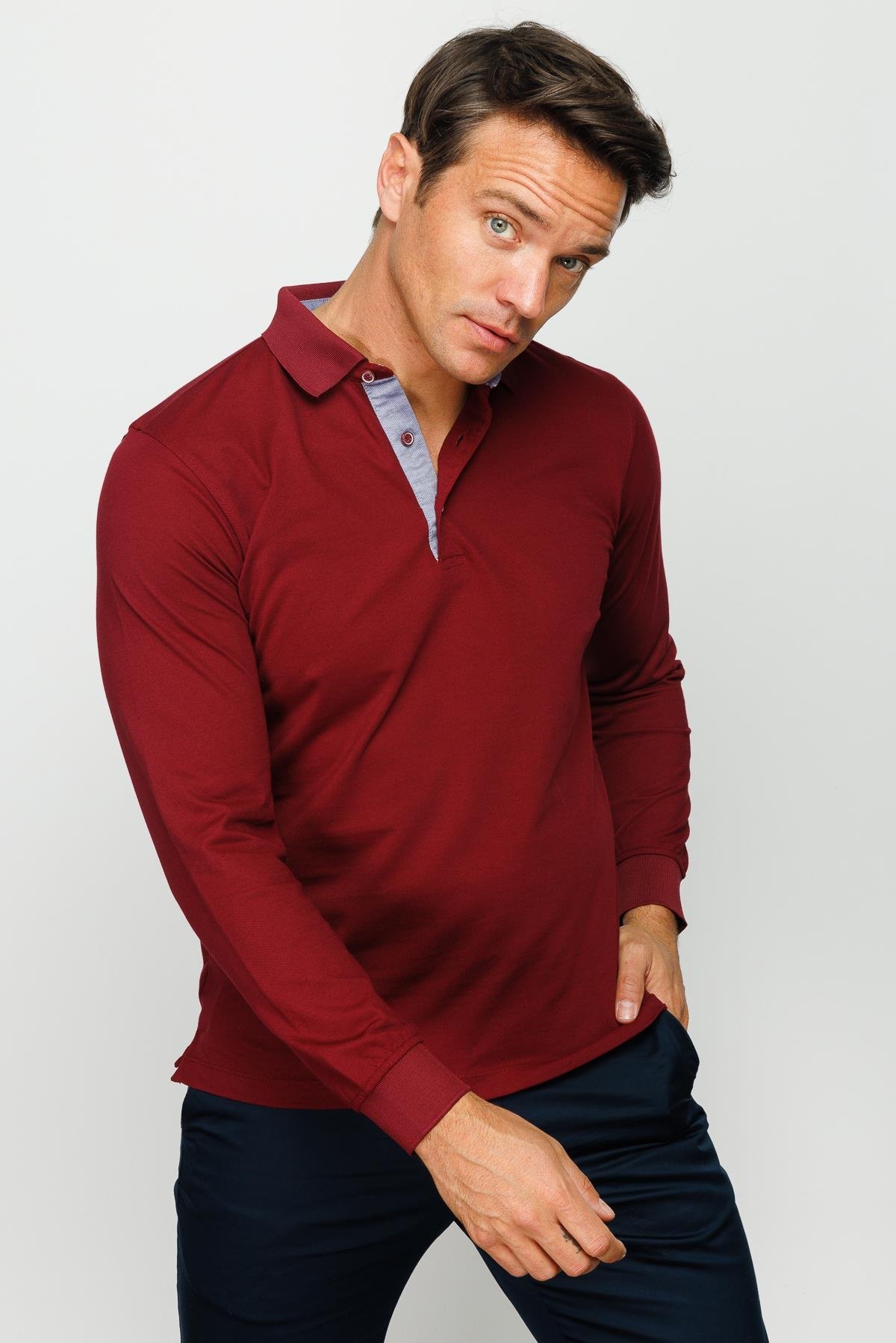 960Erkek Polo Yaka Uzun Kollu Sweatshirt Bordo