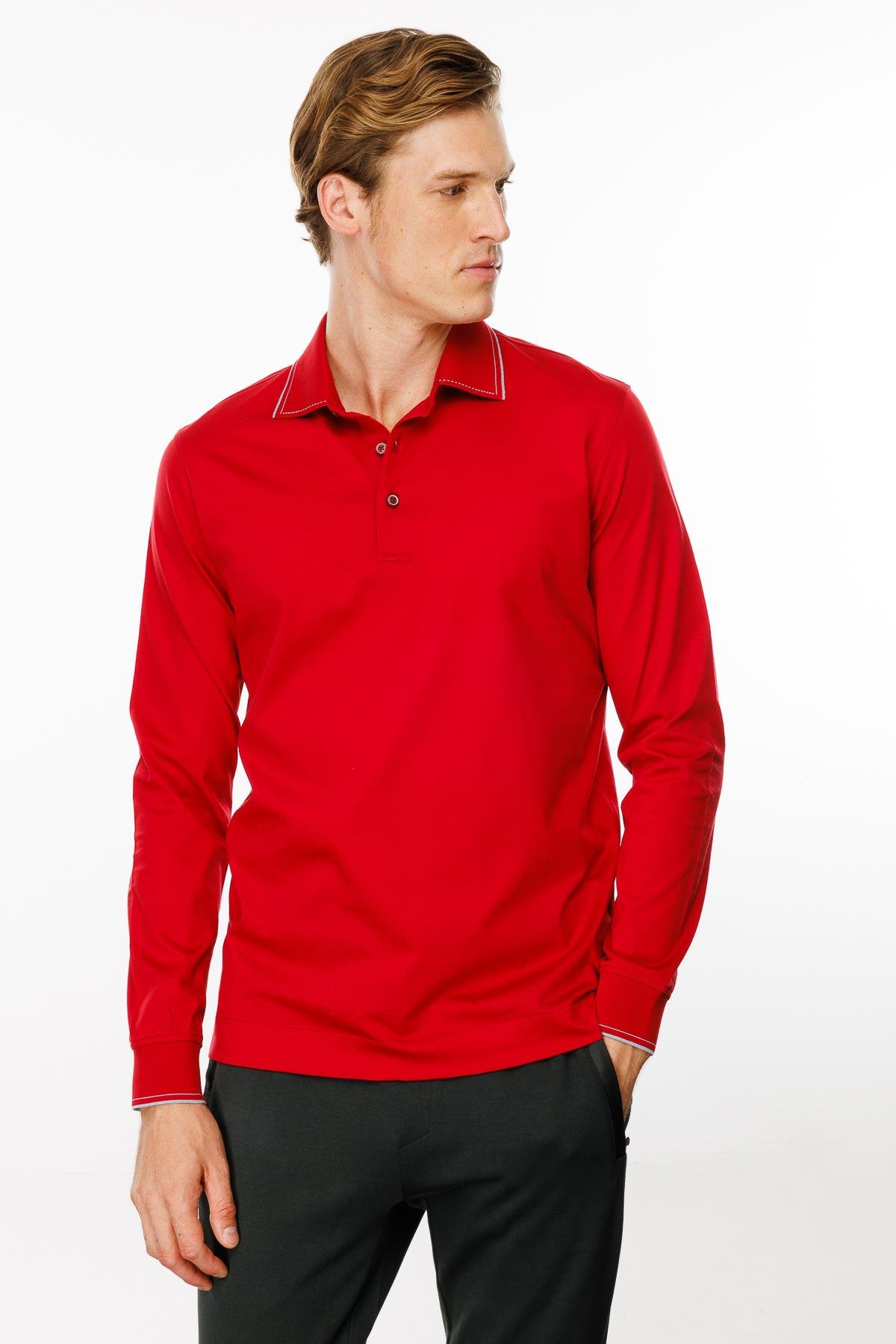 MTA 13Erkek Polo Yaka Uzun Kollu Sweatshirt Kırmızı