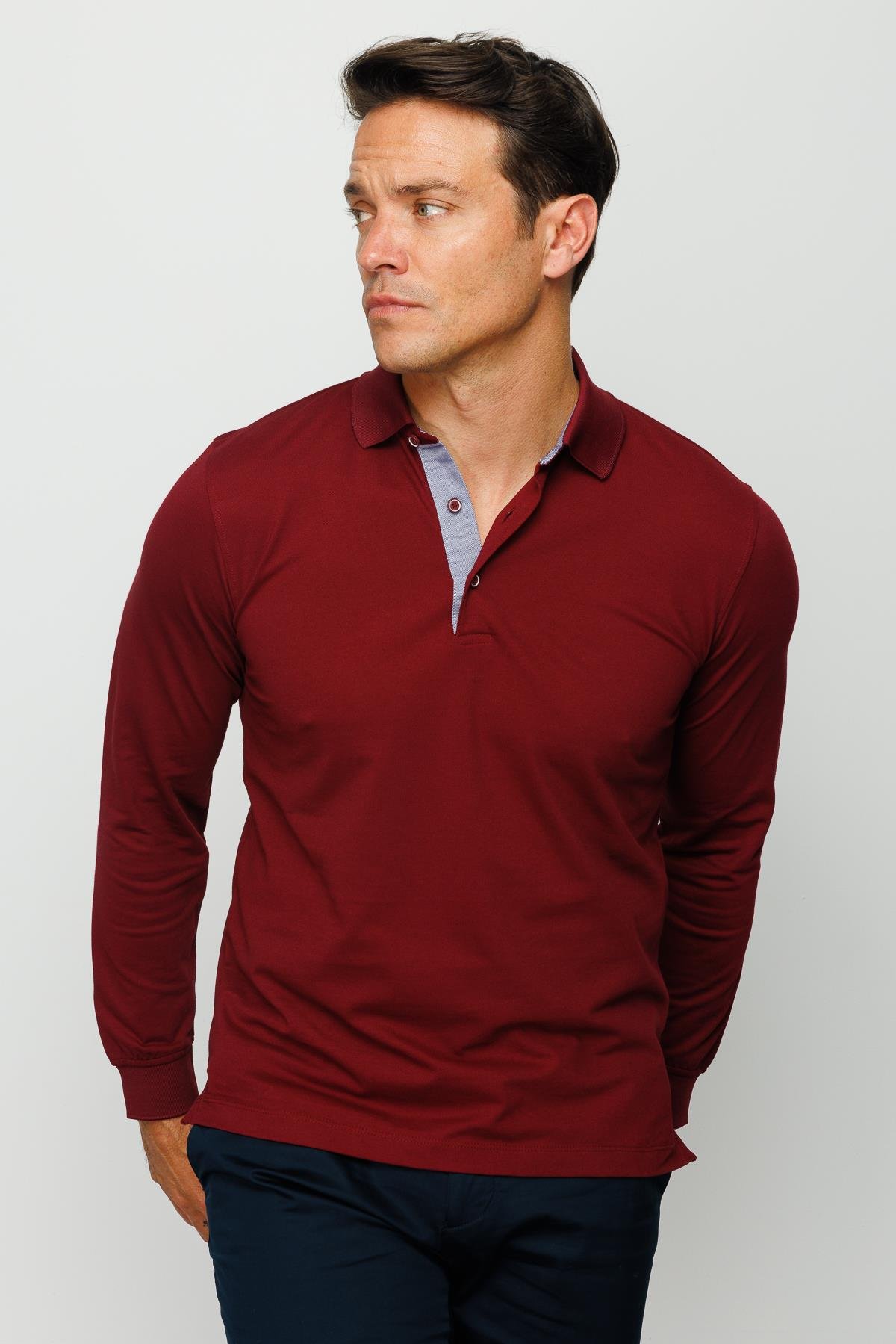 960Erkek Polo Yaka Uzun Kollu Sweatshirt Bordo