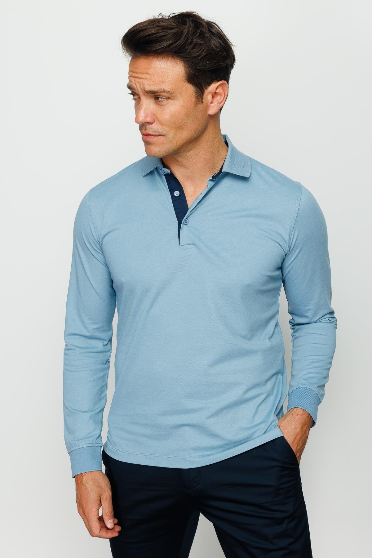 960Erkek Polo Yaka Uzun Kollu Sweatshirt H.Mavi