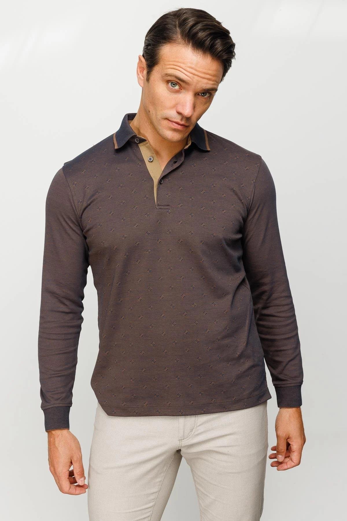 701Erkek Polo Yaka Uzun Kollu Sweatshirt Kahve