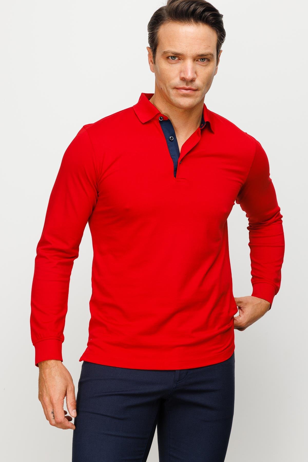 960Erkek Polo Yaka Uzun Kollu Sweatshirt Kırmızı