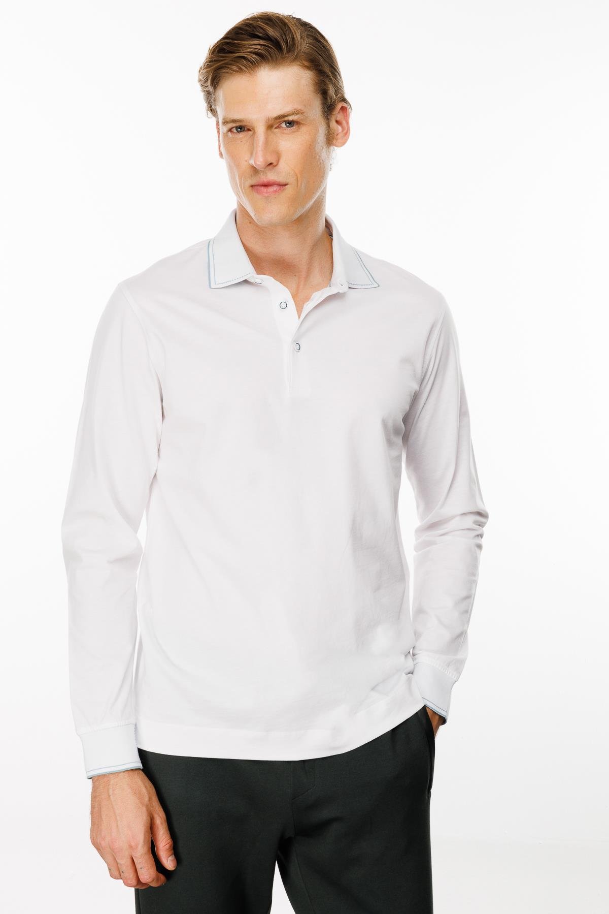 MTA 13Erkek Polo Yaka Uzun Kollu Sweatshirt Beyaz