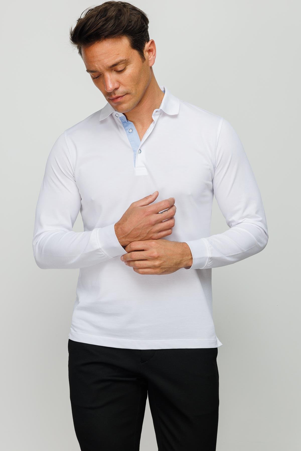 960Erkek Polo Yaka Uzun Kollu Sweatshirt Beyaz