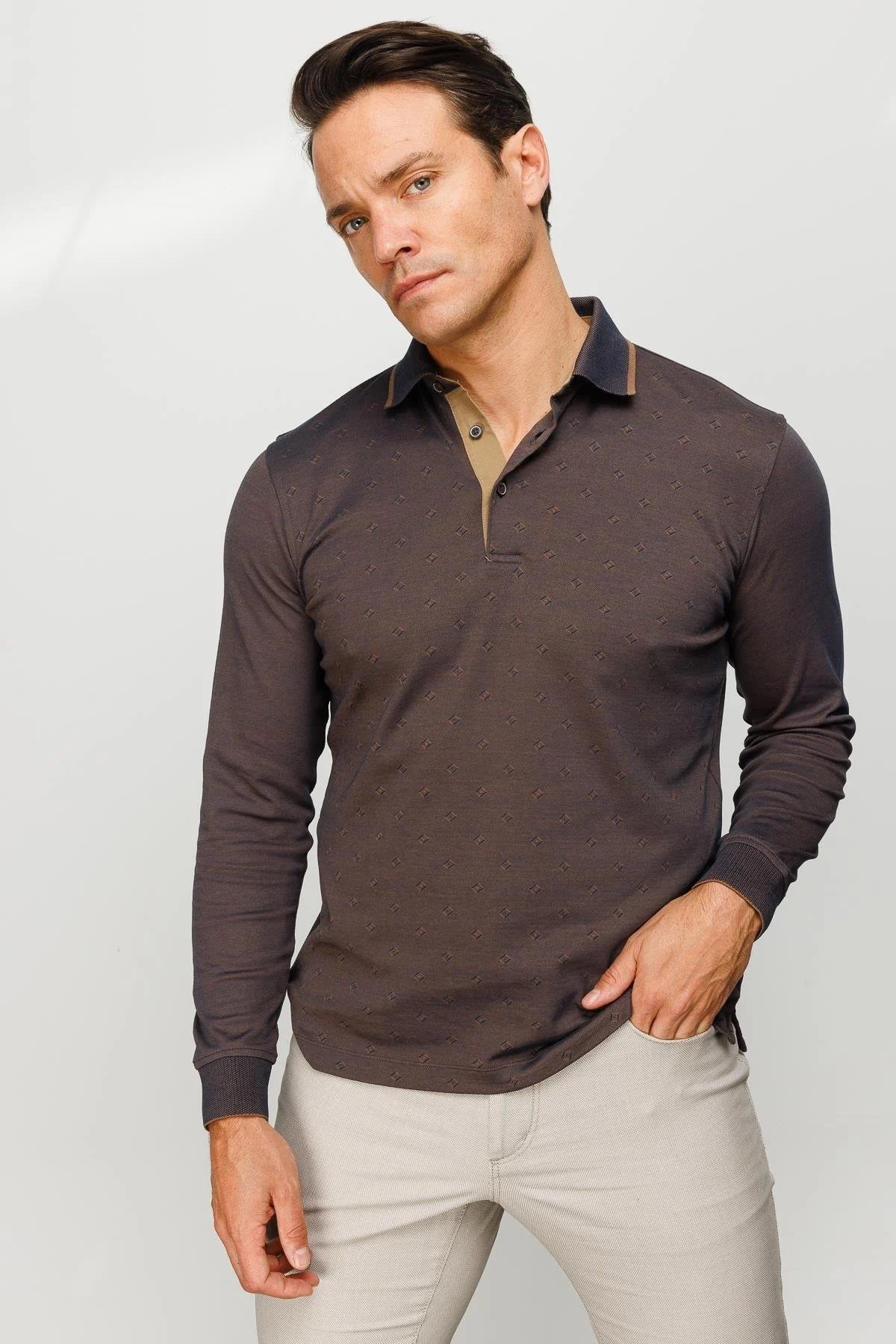 701Erkek Polo Yaka Uzun Kollu Sweatshirt Kahve