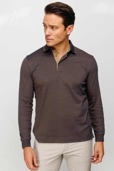 701Erkek Polo Yaka Uzun Kollu Sweatshirt Kahve