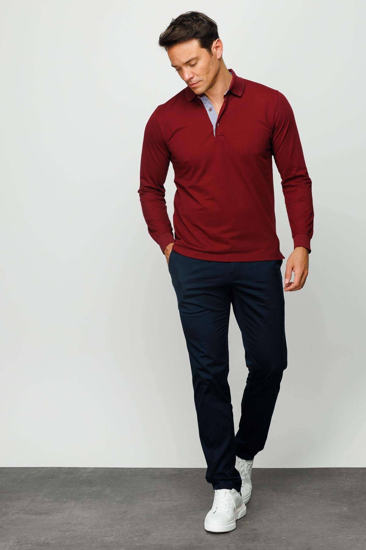 960Erkek Polo Yaka Uzun Kollu Sweatshirt Bordo