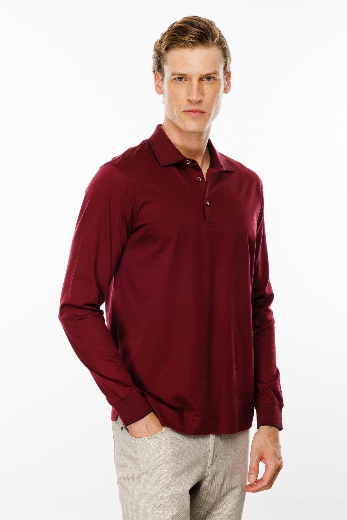 MTA 13Erkek Polo Yaka Uzun Kollu Sweatshirt Bordo