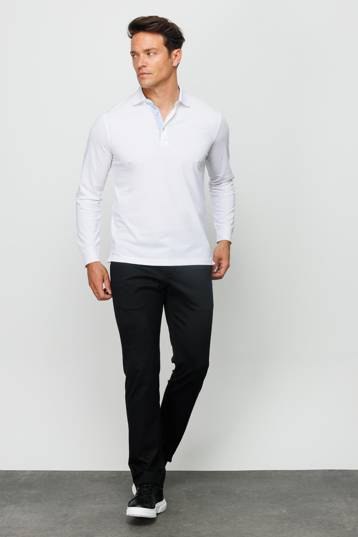 960Erkek Polo Yaka Uzun Kollu Sweatshirt Beyaz