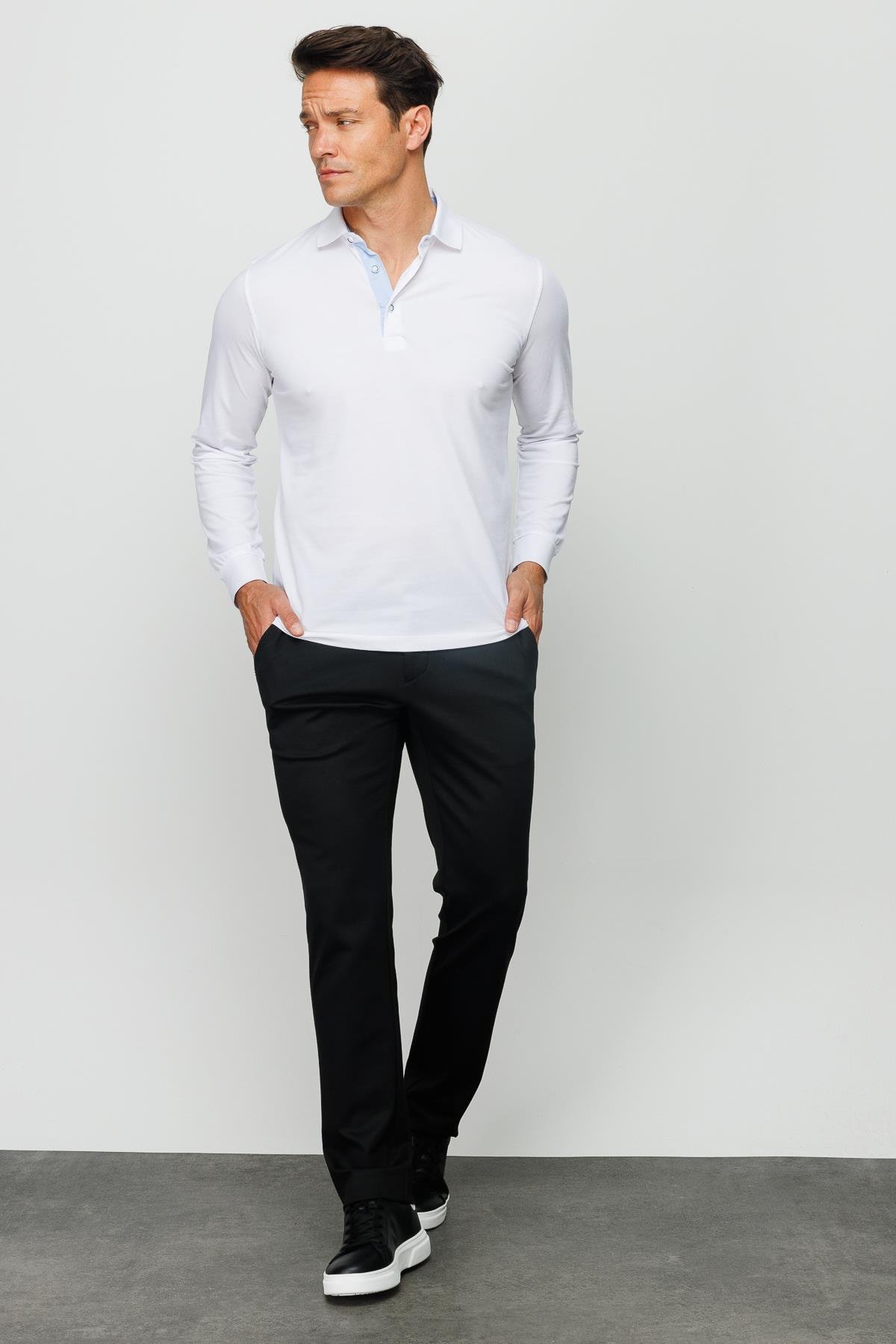 960Erkek Polo Yaka Uzun Kollu Sweatshirt Beyaz