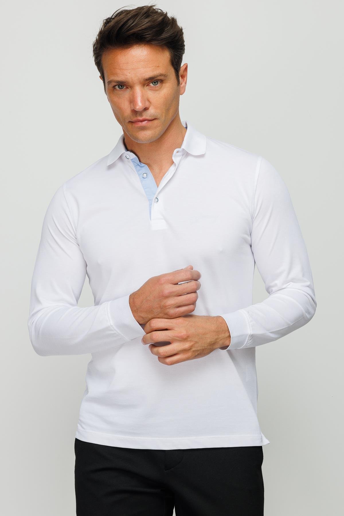 960Erkek Polo Yaka Uzun Kollu Sweatshirt Beyaz