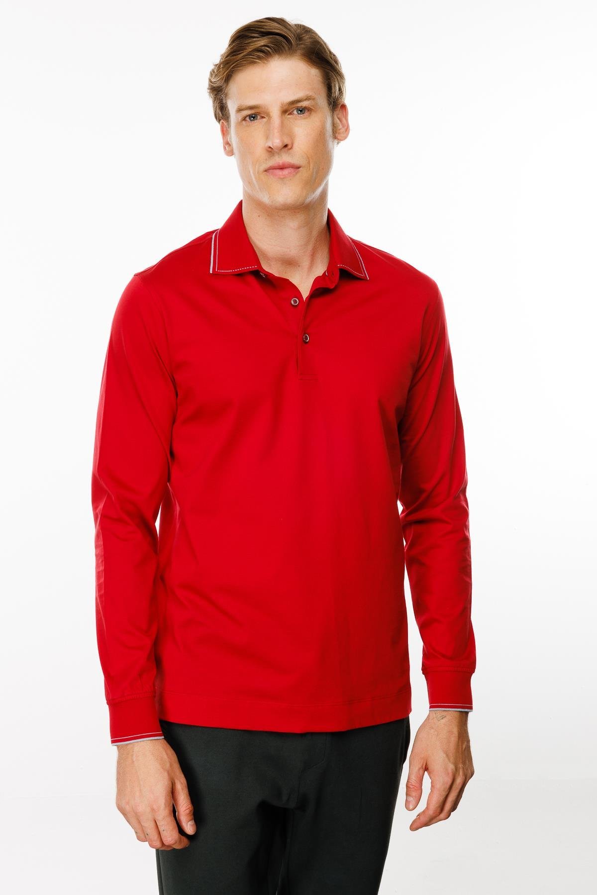 MTA 13Erkek Polo Yaka Uzun Kollu Sweatshirt Kırmızı