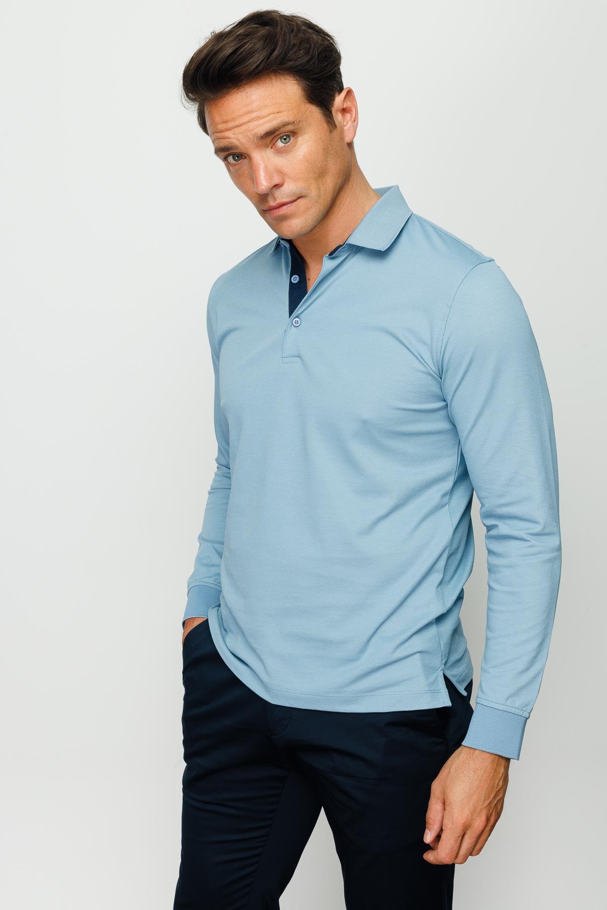 960Erkek Polo Yaka Uzun Kollu Sweatshirt H.Mavi